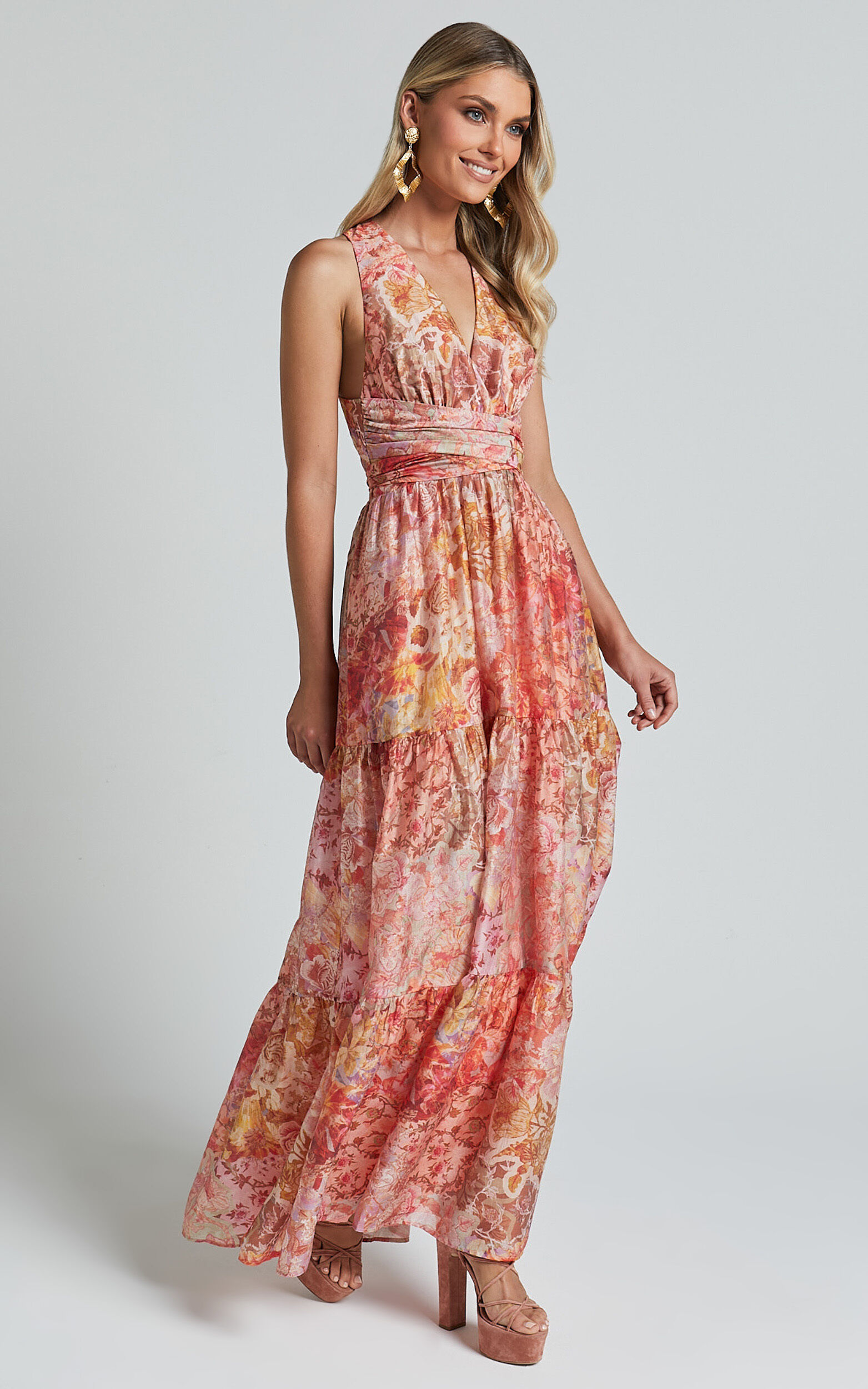 Amalie The Label - Monte Plunge Neck Tie Back Tiered Maxi Dress in Morocco Print