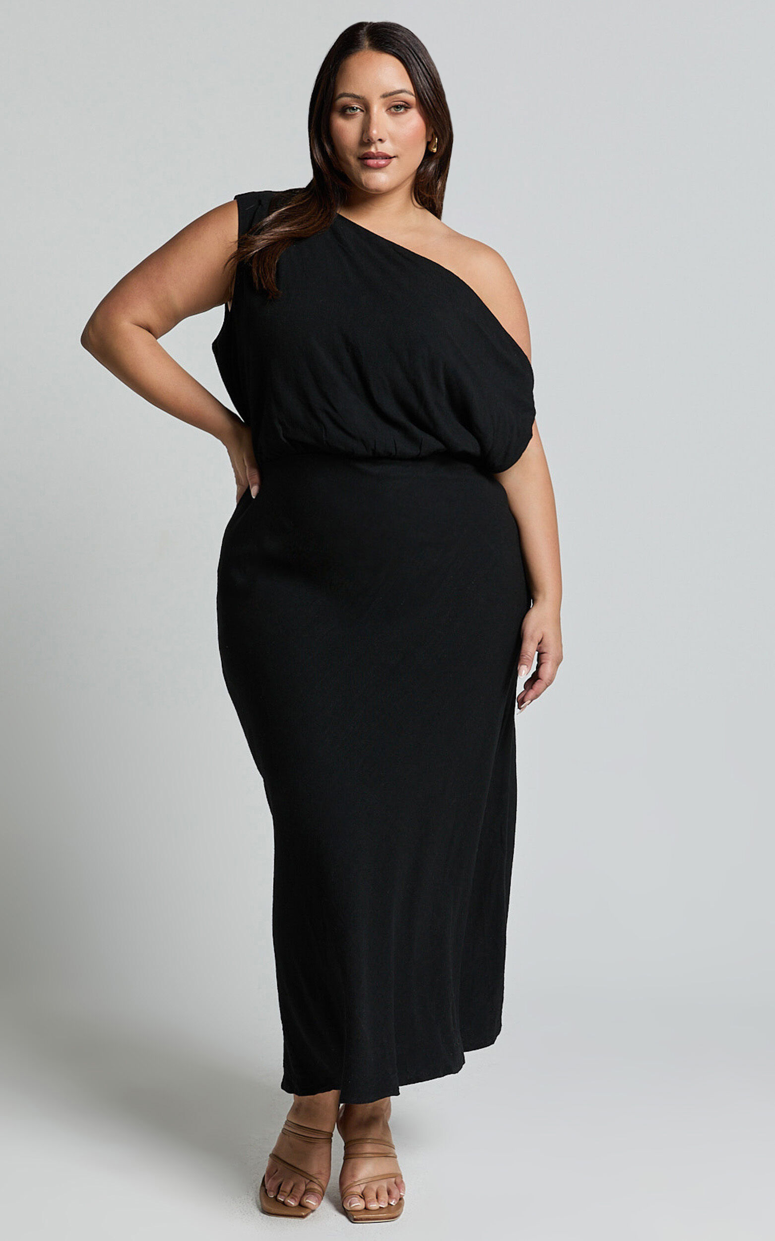 Jacqueline Midi Dress - Linen One Shoulder Dress in Black