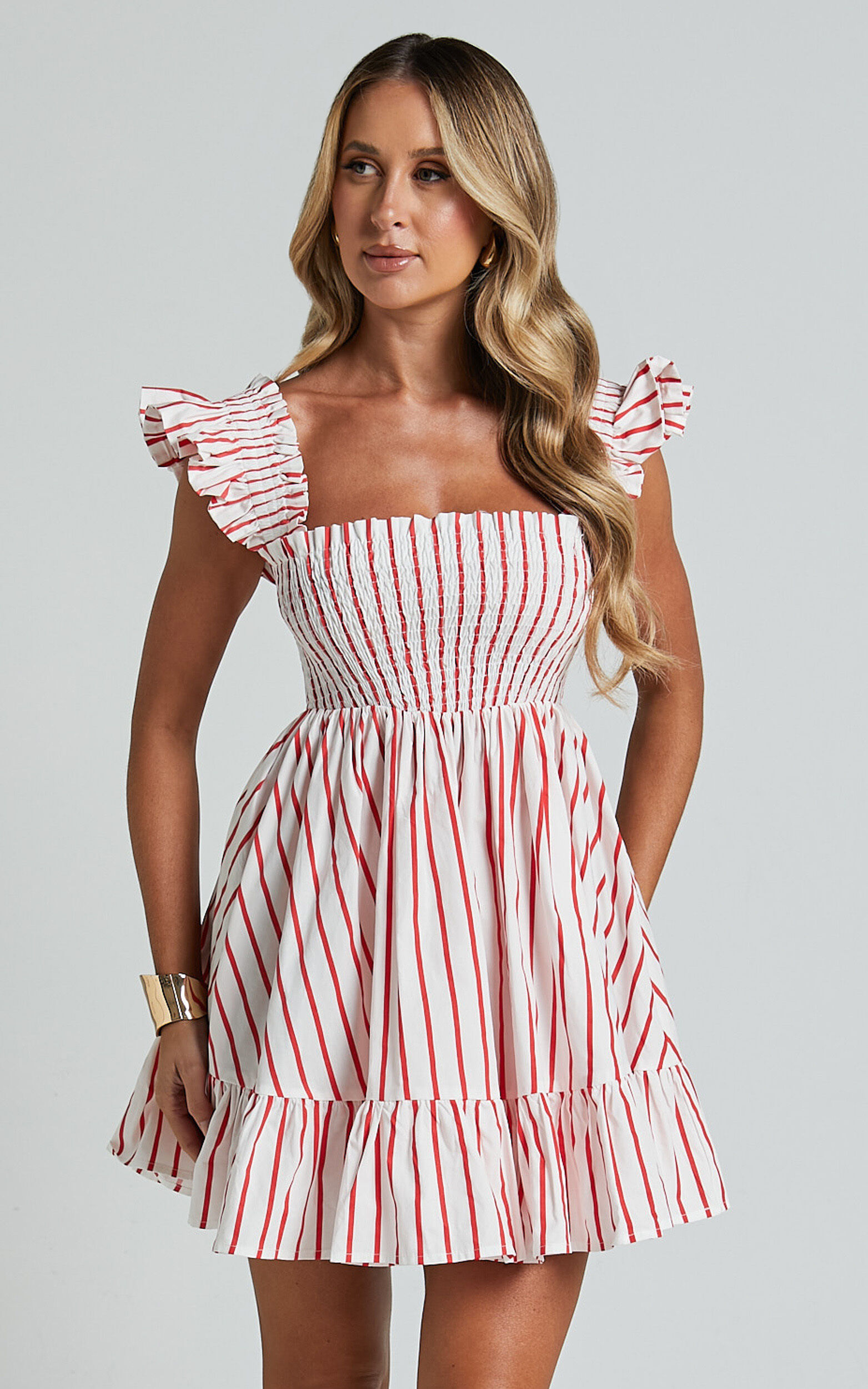 Brynlee Mini Dress - Elastic Chest Flutter Sleeve Hem Dress in Red Stripe