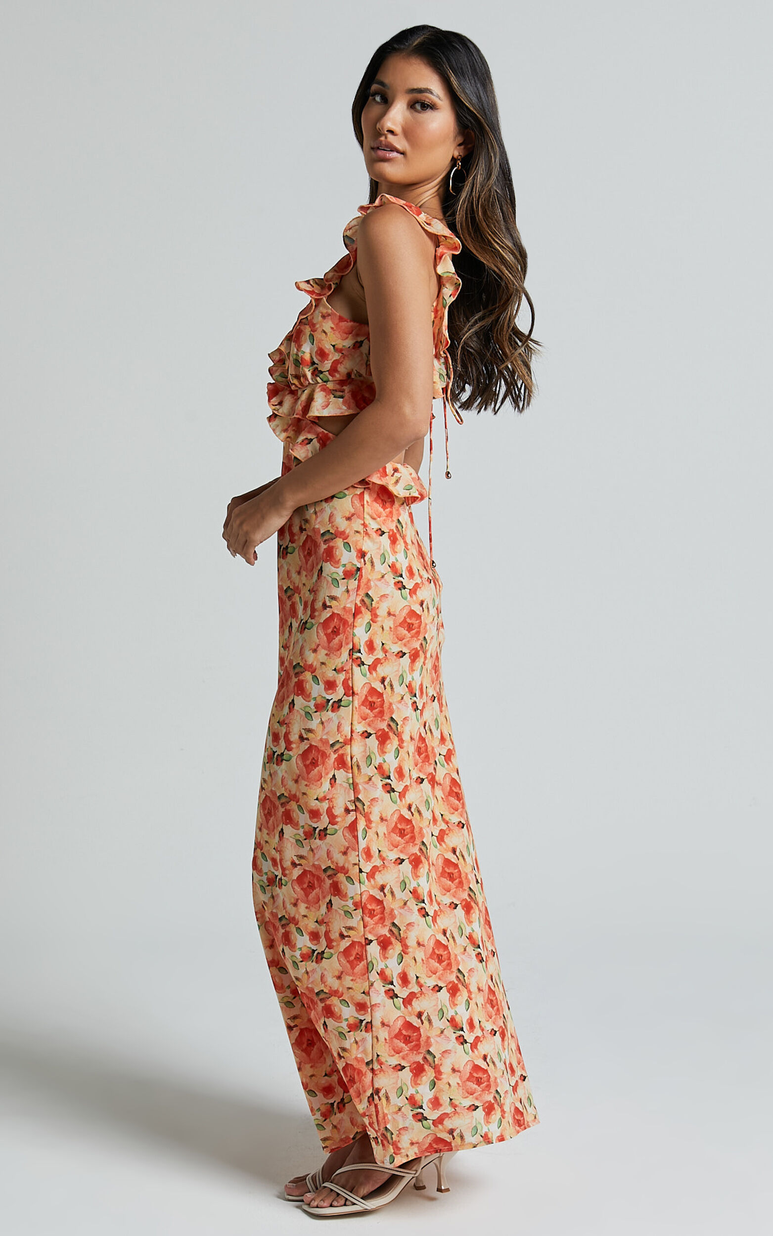 Alessa Maxi Dress - V Neck Frill Detail Empire Waist Back Cut Out Dress in Peach Floral