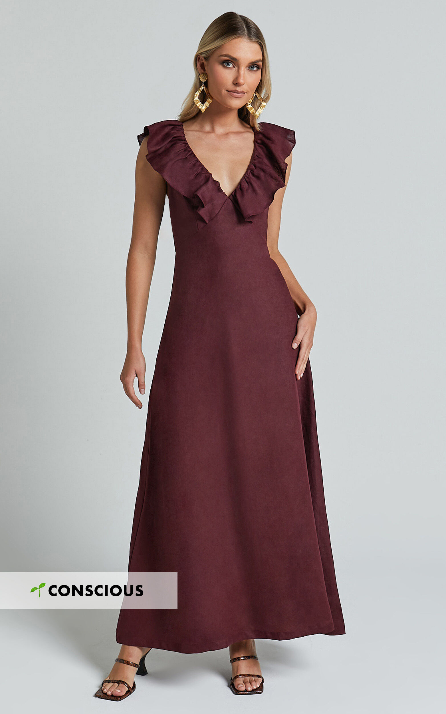 Amalie The Label - Penelope Linen Flutter Sleeve Low Back Maxi Linen Dress in Wine