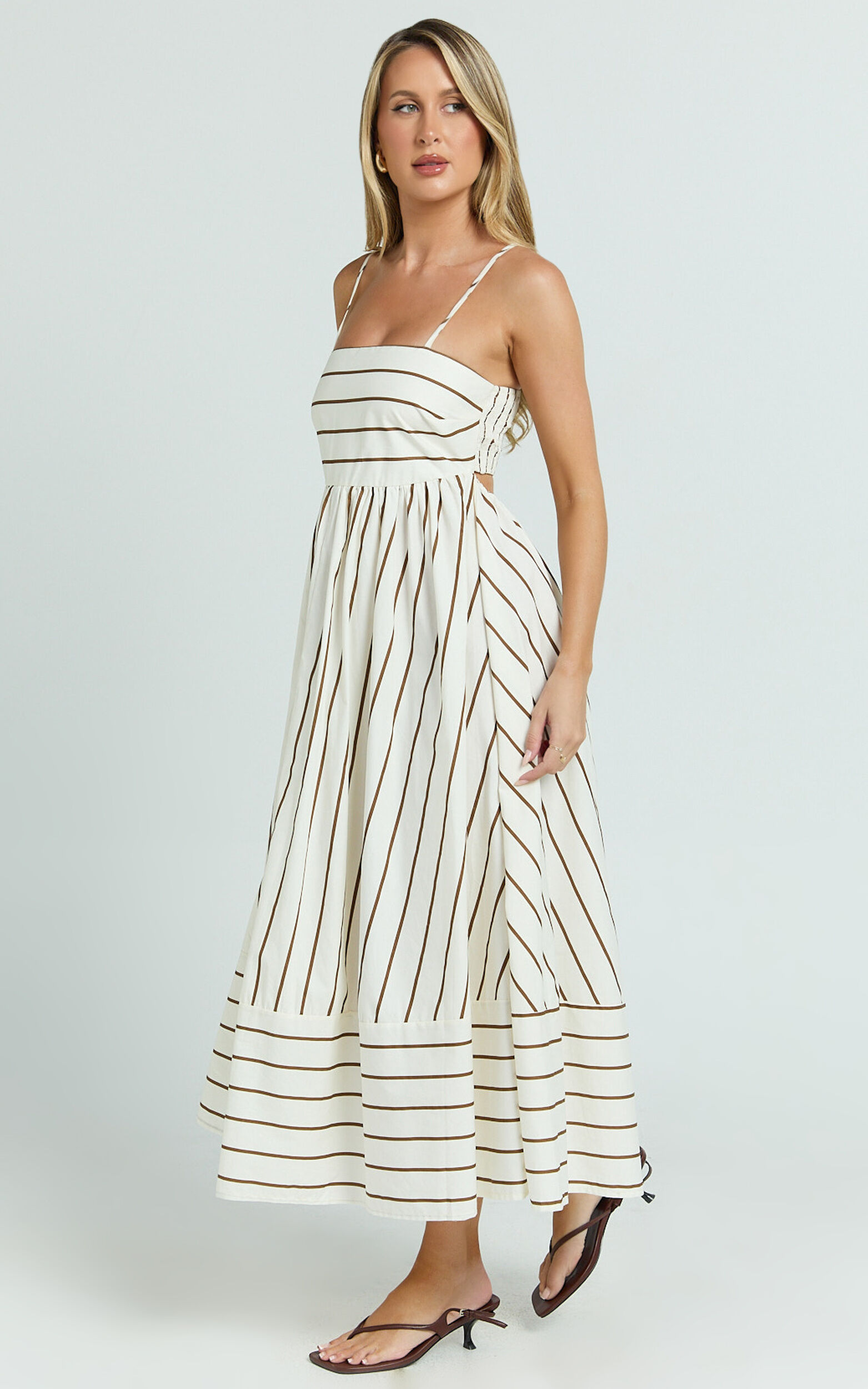 Erich Midi Dress - Open Back Stripe Dress in Beige White