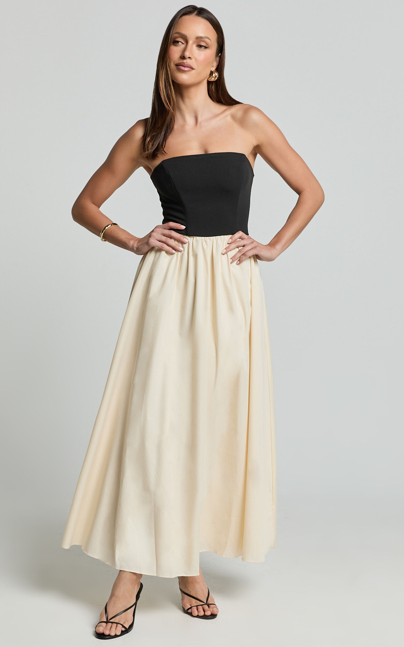 Alvana Midi Dress - Strapless Shift Dress in Black/Beige