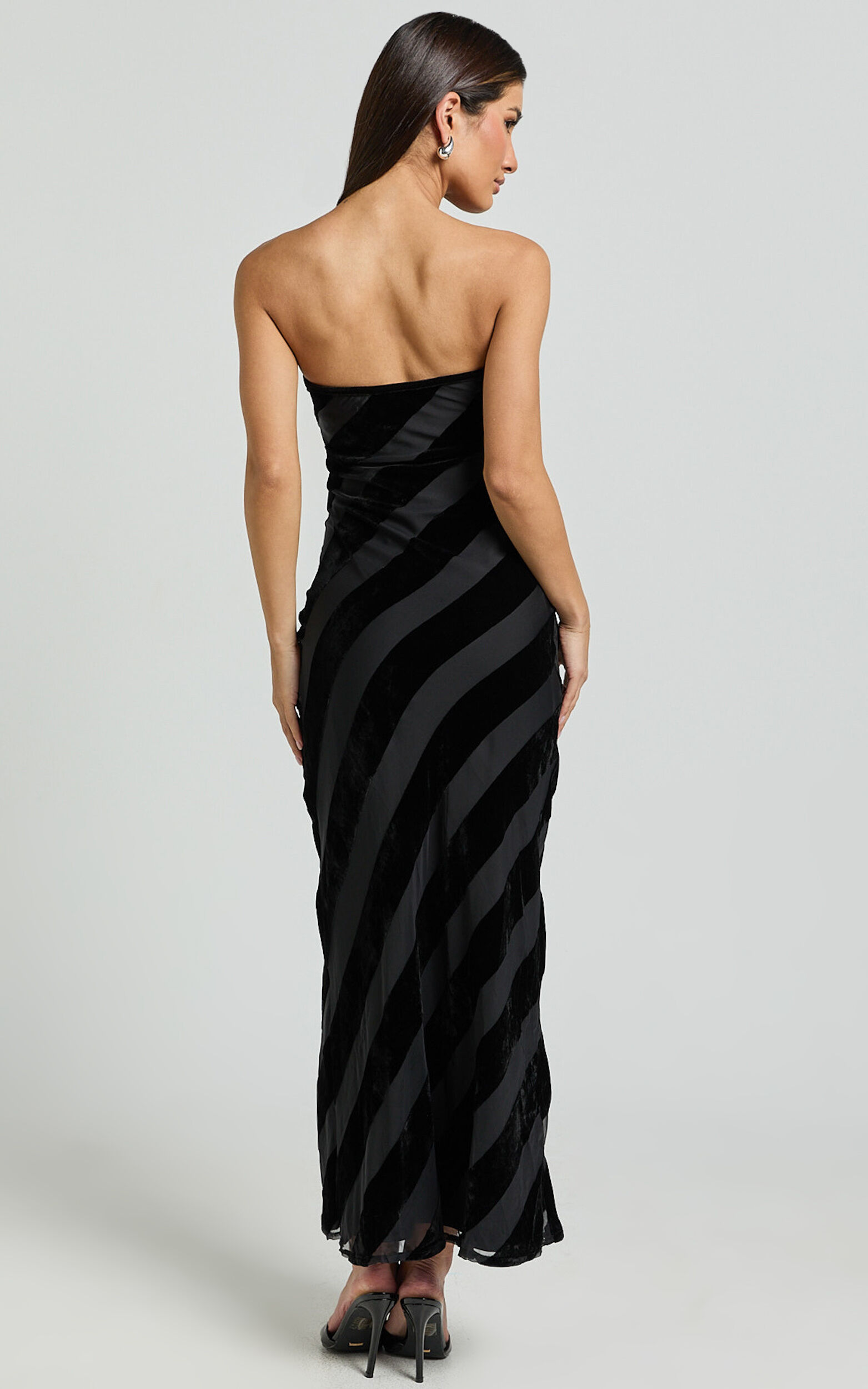 Genevieve Midi Dress - Strapless Stripe Burnout Dress in Black Stripe