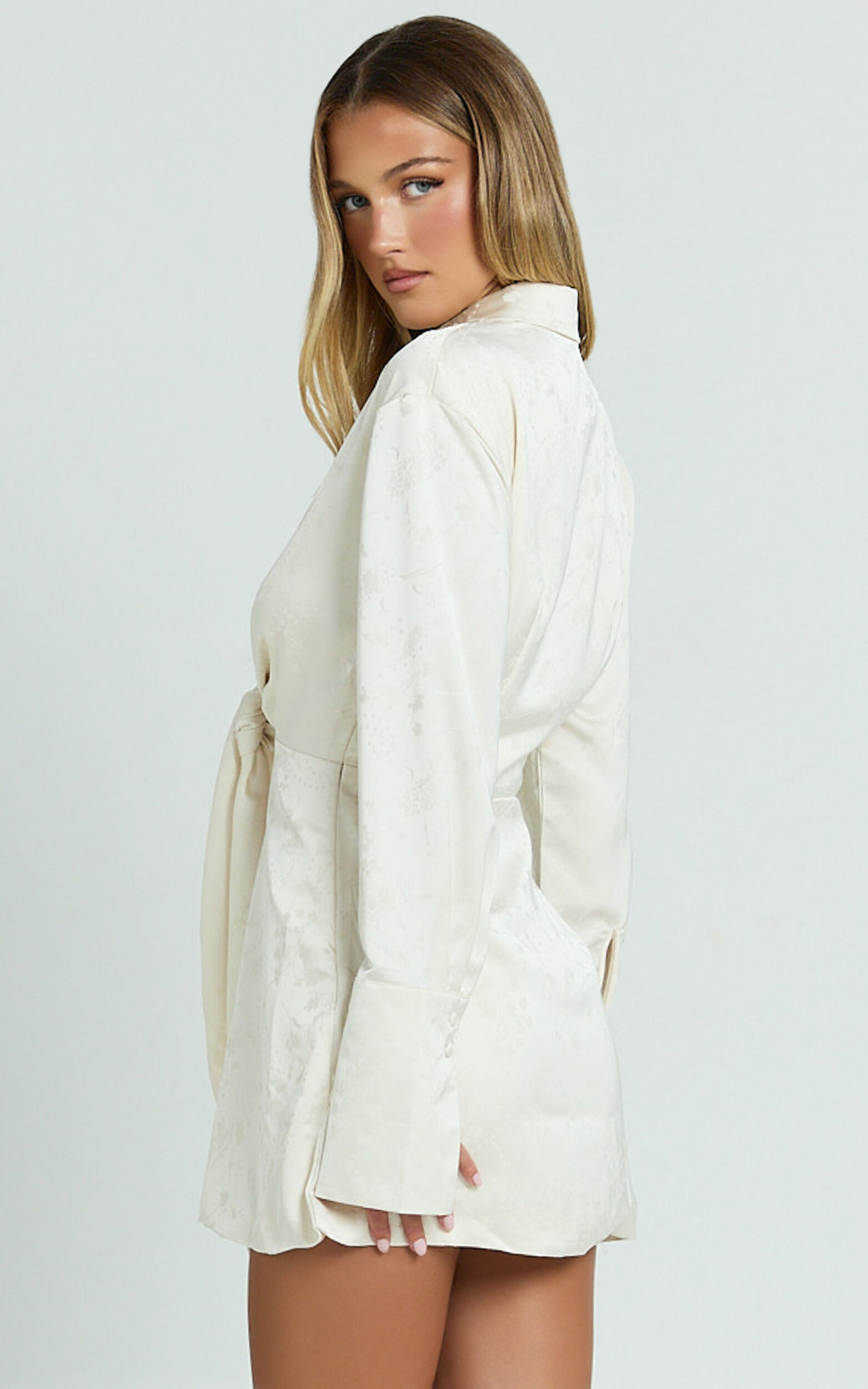 Paola Mini Dress - Tie Front Collared Skirt Dress in Off White