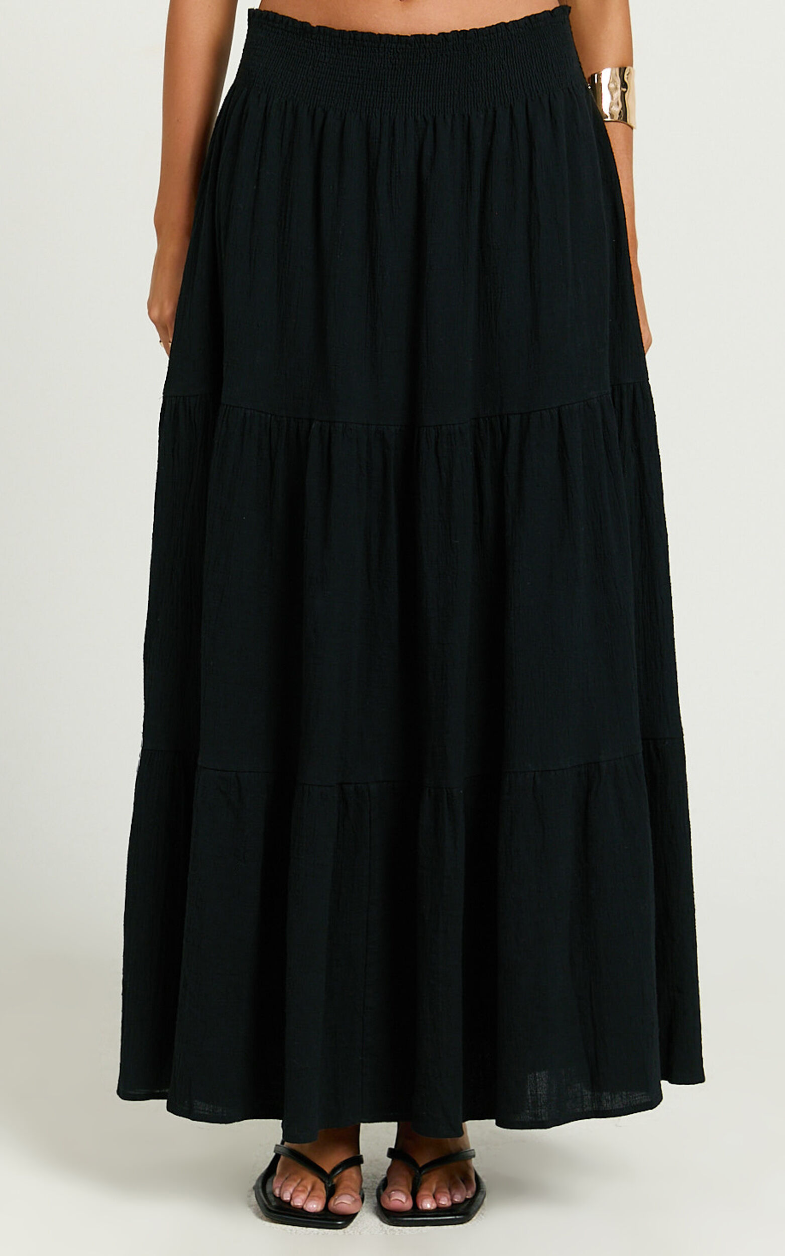 Ruby Midi Skirt - Shirred High Waist Cotton Tiered Midi Skirt in Black