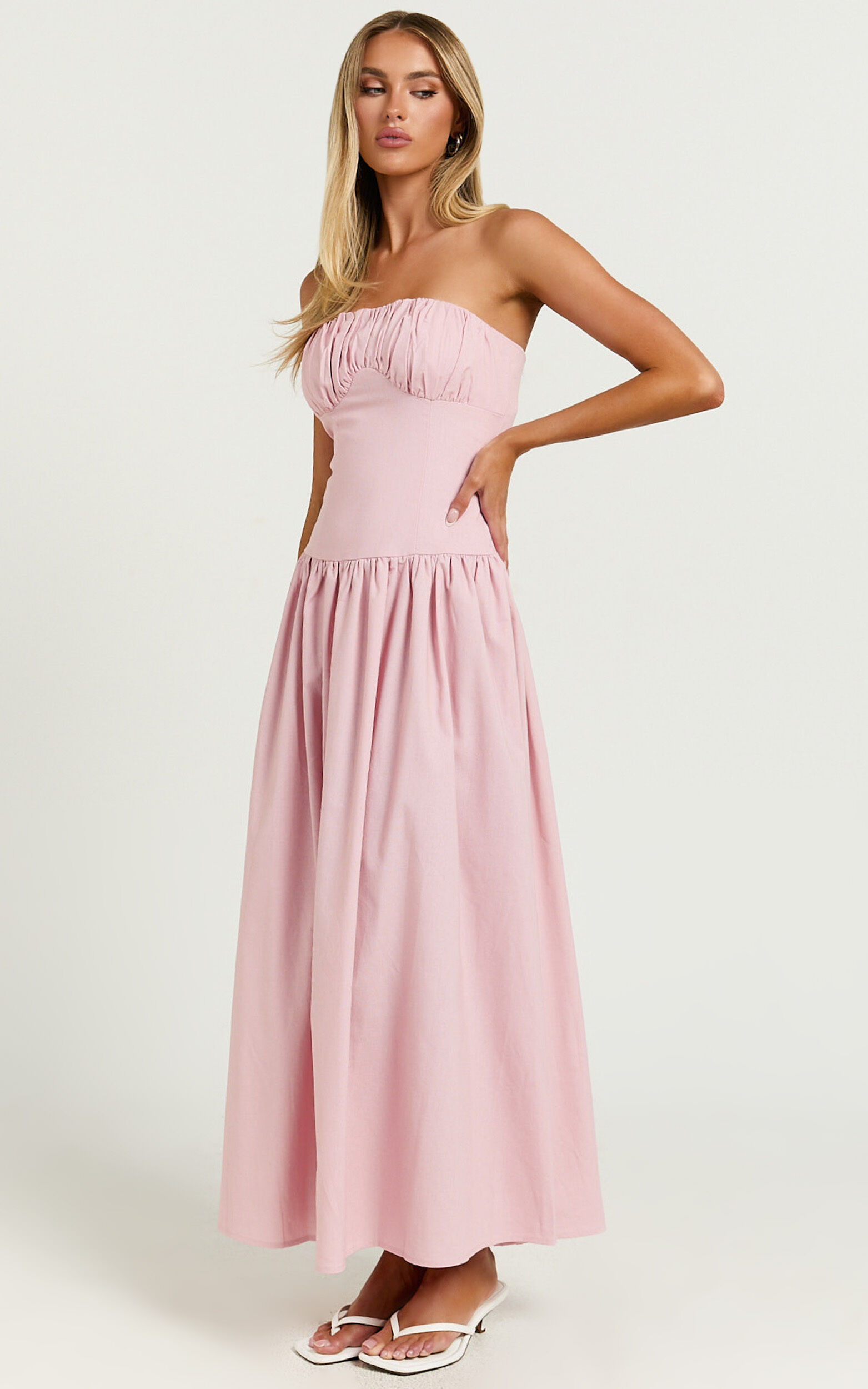 Jerah Midi Dress - Ruched Bust Full Skirt Dress in Pink