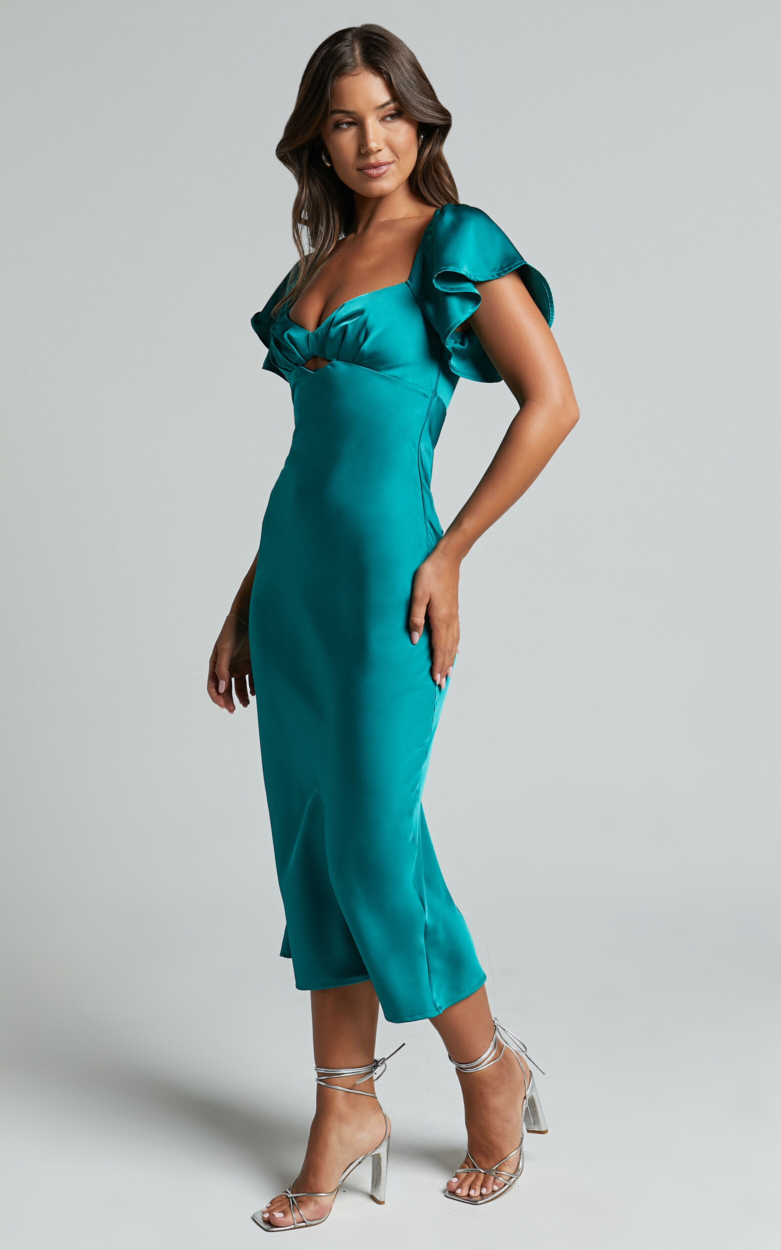 Emberlynn Midi Dress - Flutter Sleeve Cut Out Satin Dress in Teal