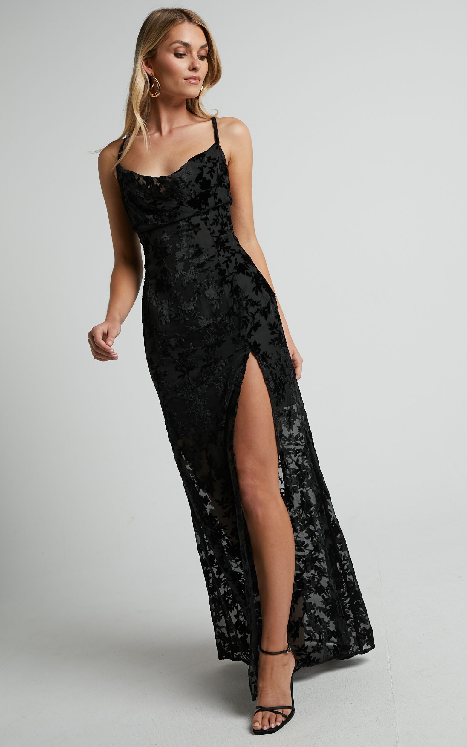 Aletta Maxi Dress - Cowl Cross Back Dress in Ebony Burn Out Floral