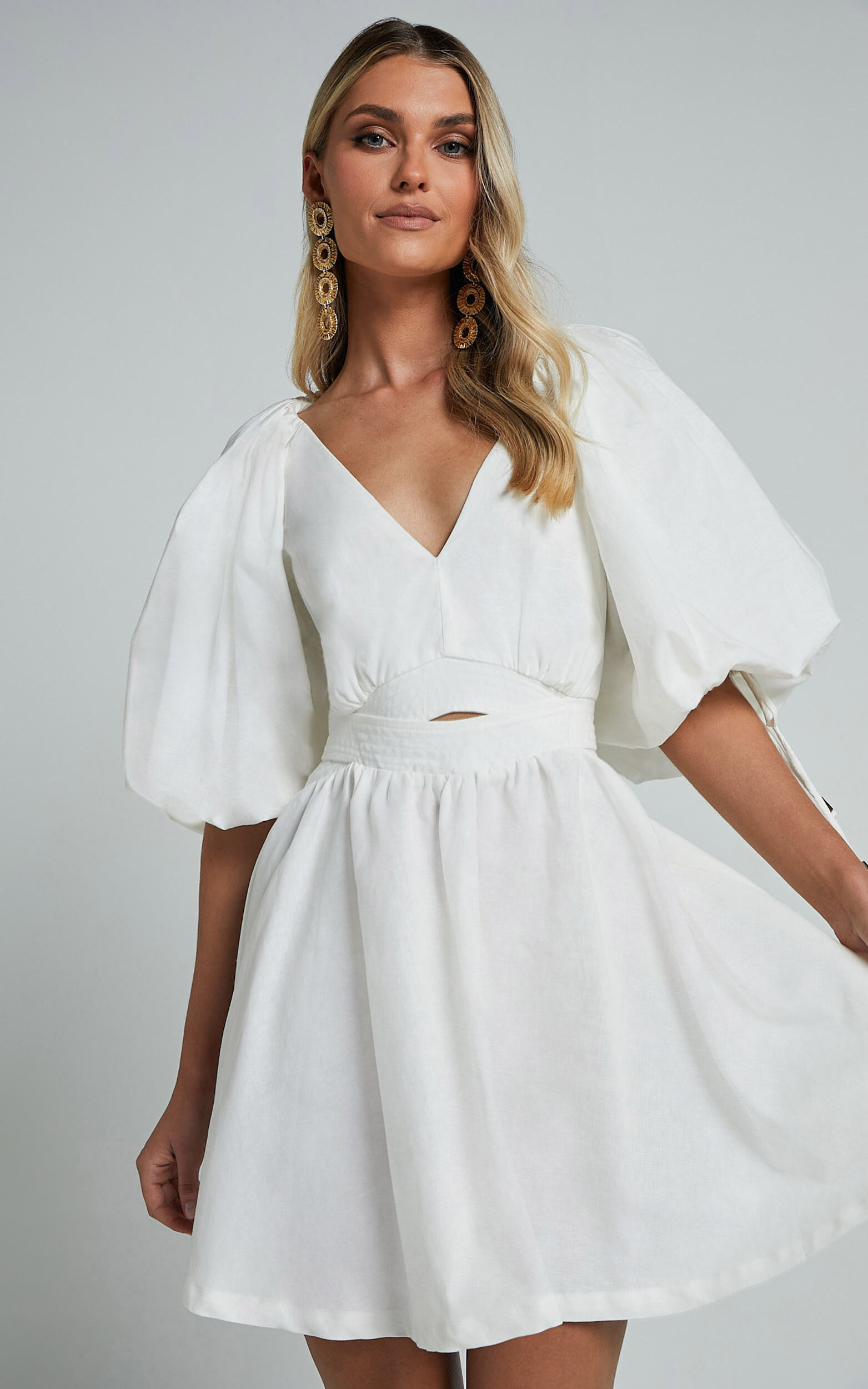 Amalie The Label - Movida Linen Blend Balloon Sleeve Crossover Band Mini Dress in White