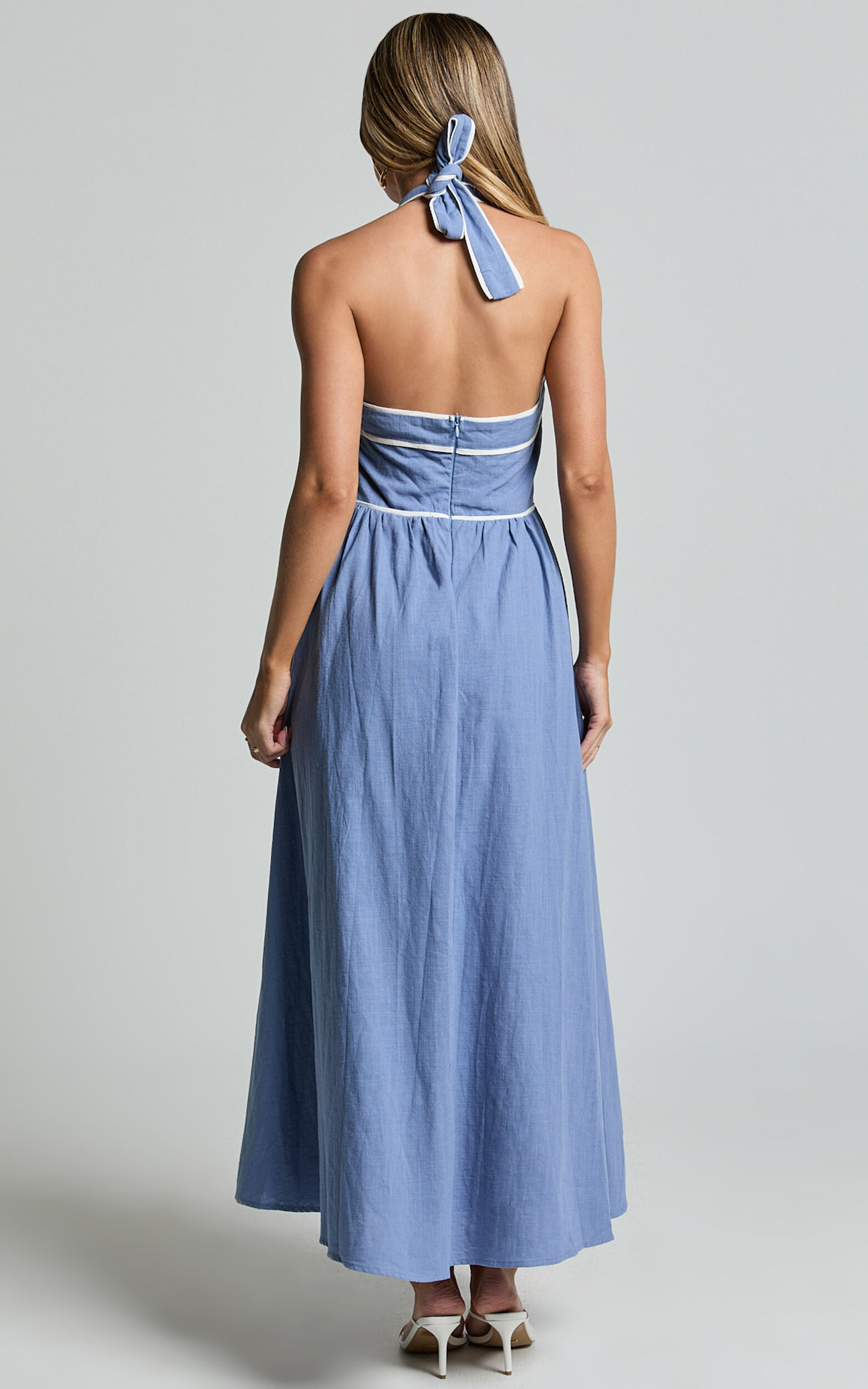 Jesse Midi Dress - Halter Neck Back Tie Dress in Blue
