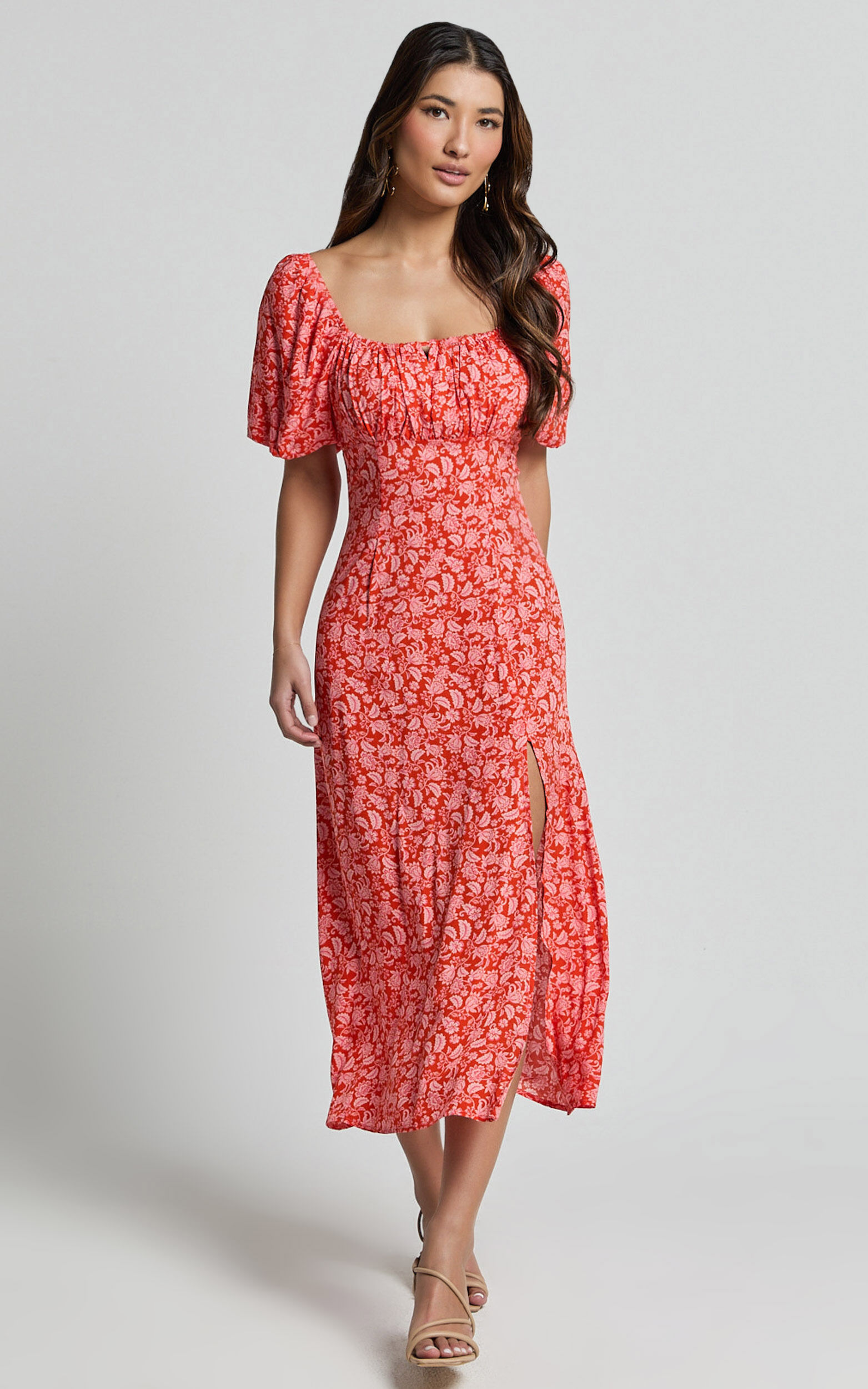 Caitlin Midi Dress - Puff Sleeve Thigh Split Dress in Orange