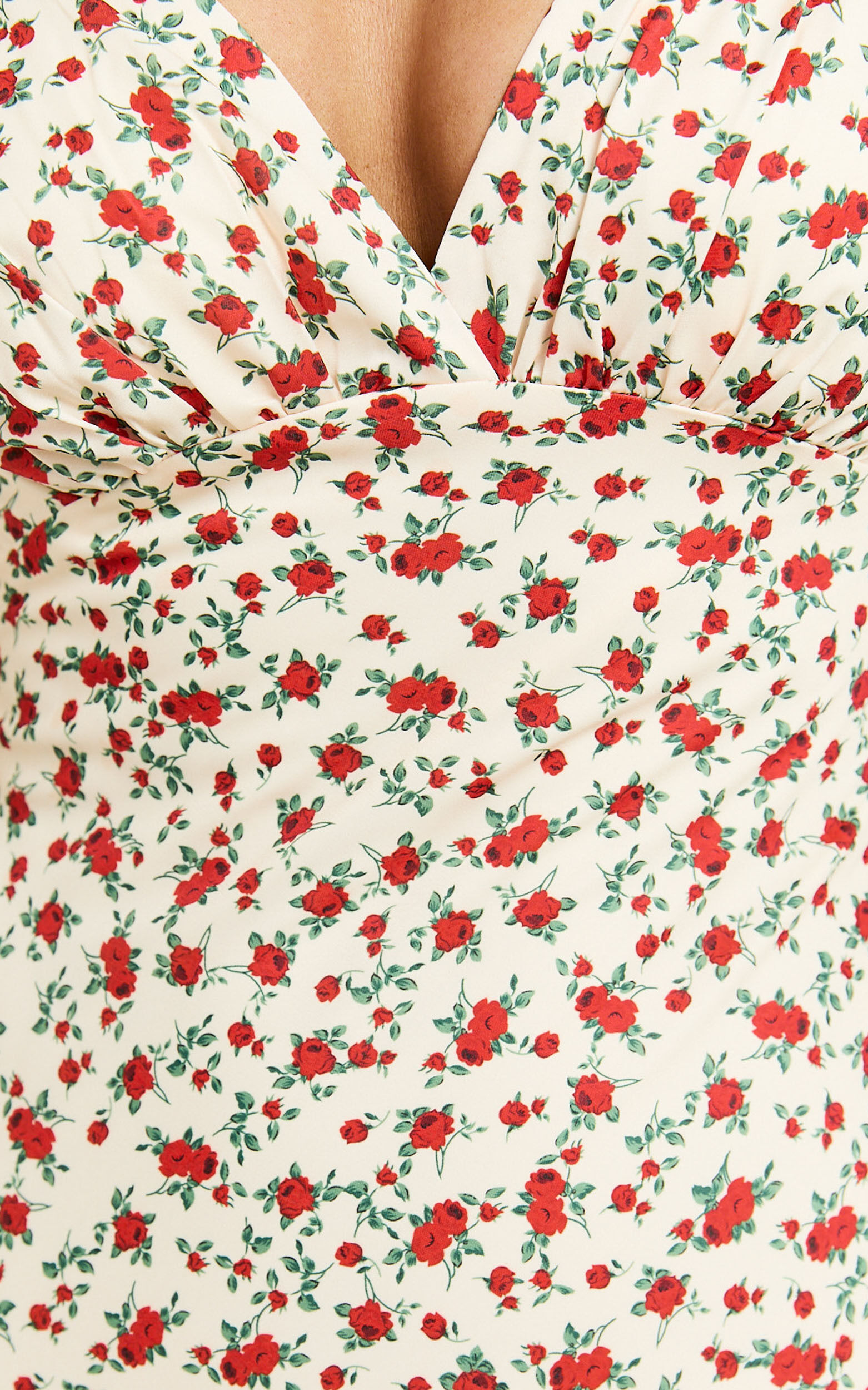 Mauriel Midi Dress - Deep V Gathered Bust Slip Dress in Red Floral