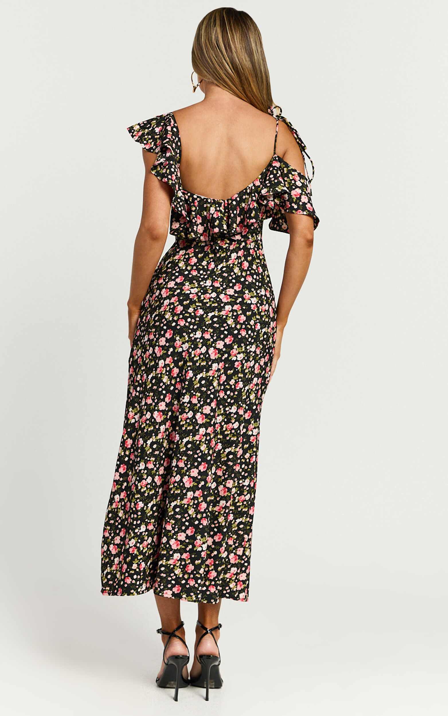 Giulia Midi Dress - One Shoulder Frill Detail Dress in Black Floral