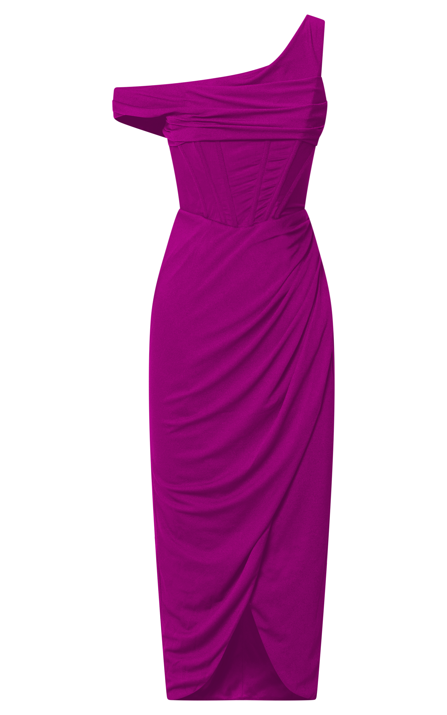 Aidia Midi Dress - One Shoulder Draped Corset Dress in Plum