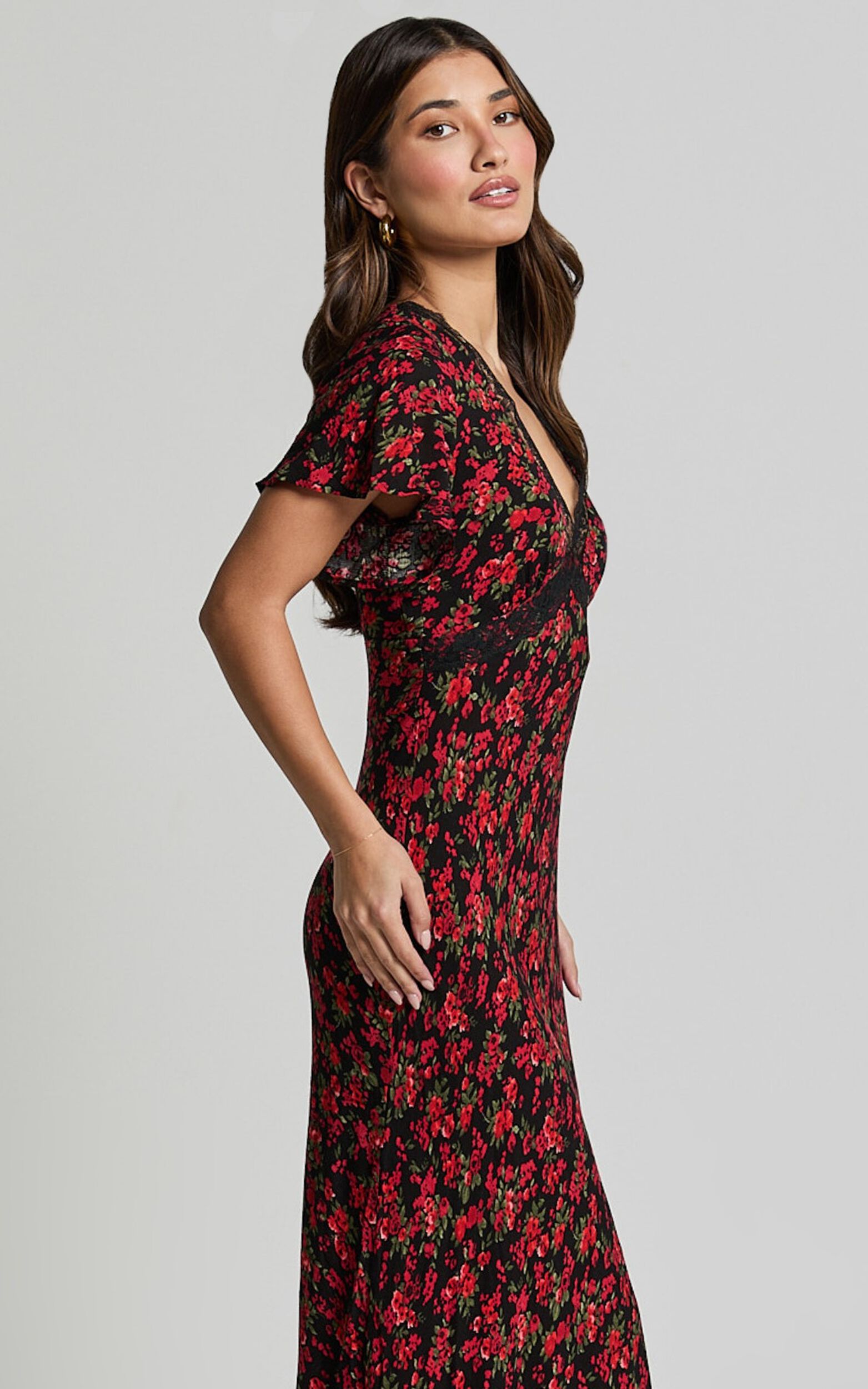 Vanya Midi Dress - V Neck Short Sleeve Lace Trim Tie Back Slip Dress in Black Floral