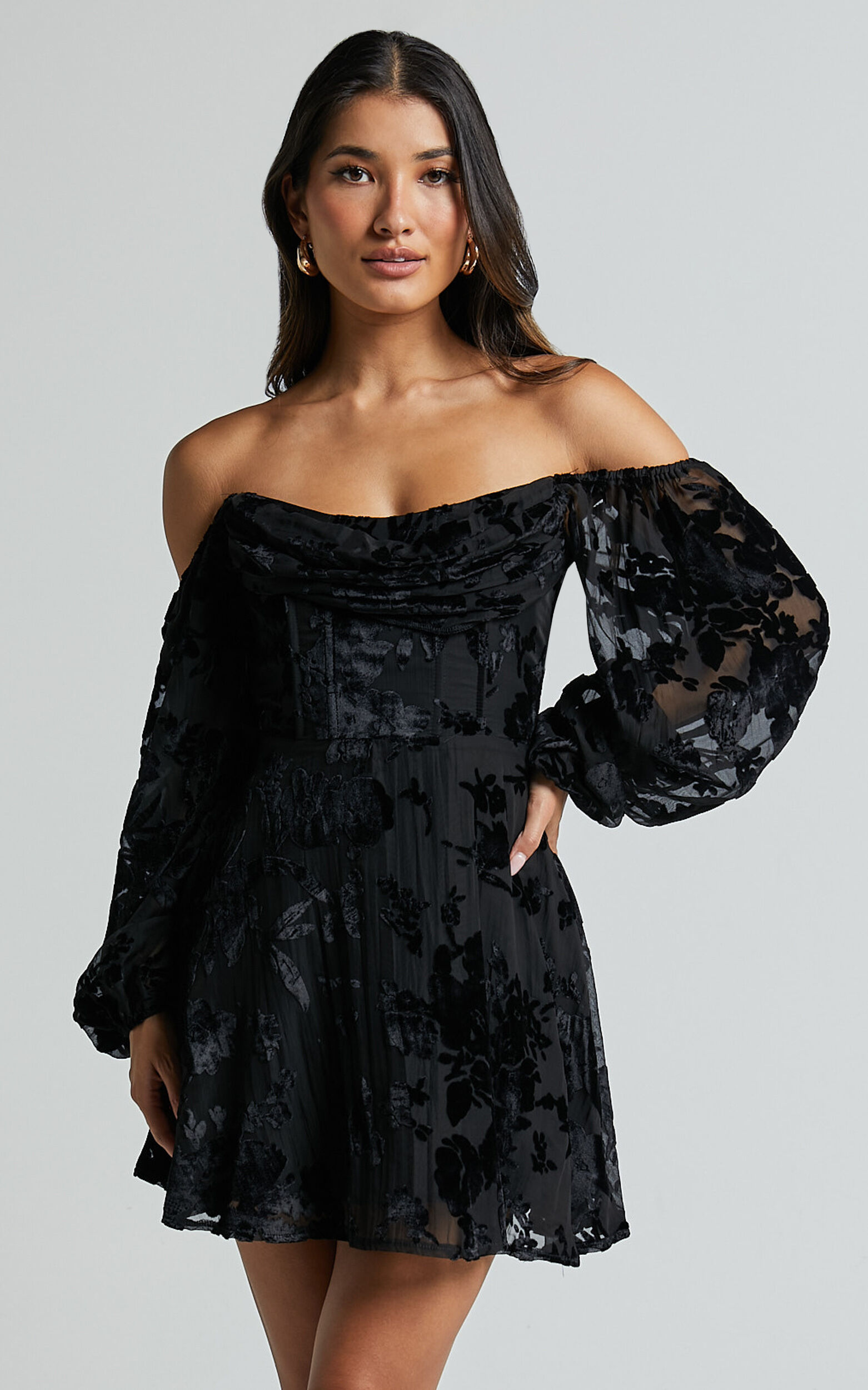 Jessell Mini Dress - Long Sleeve Cowl Corset Dress in Ebony Burnout