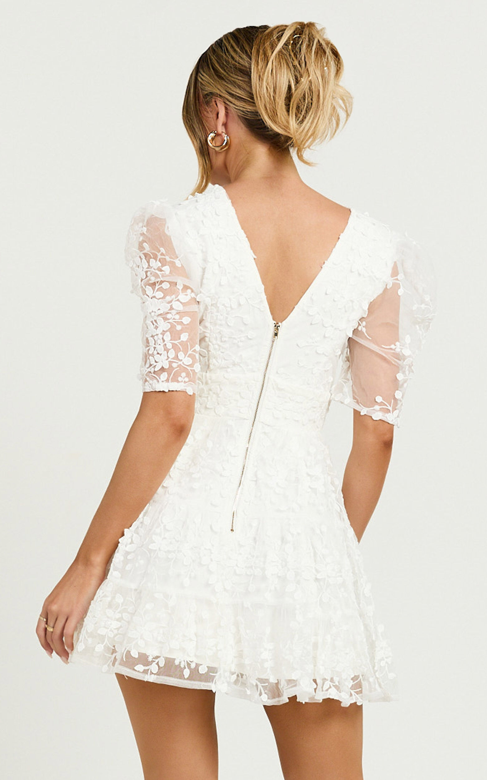 Pamela Mini Dress - Embroidered Plunge Tiered Dress in White