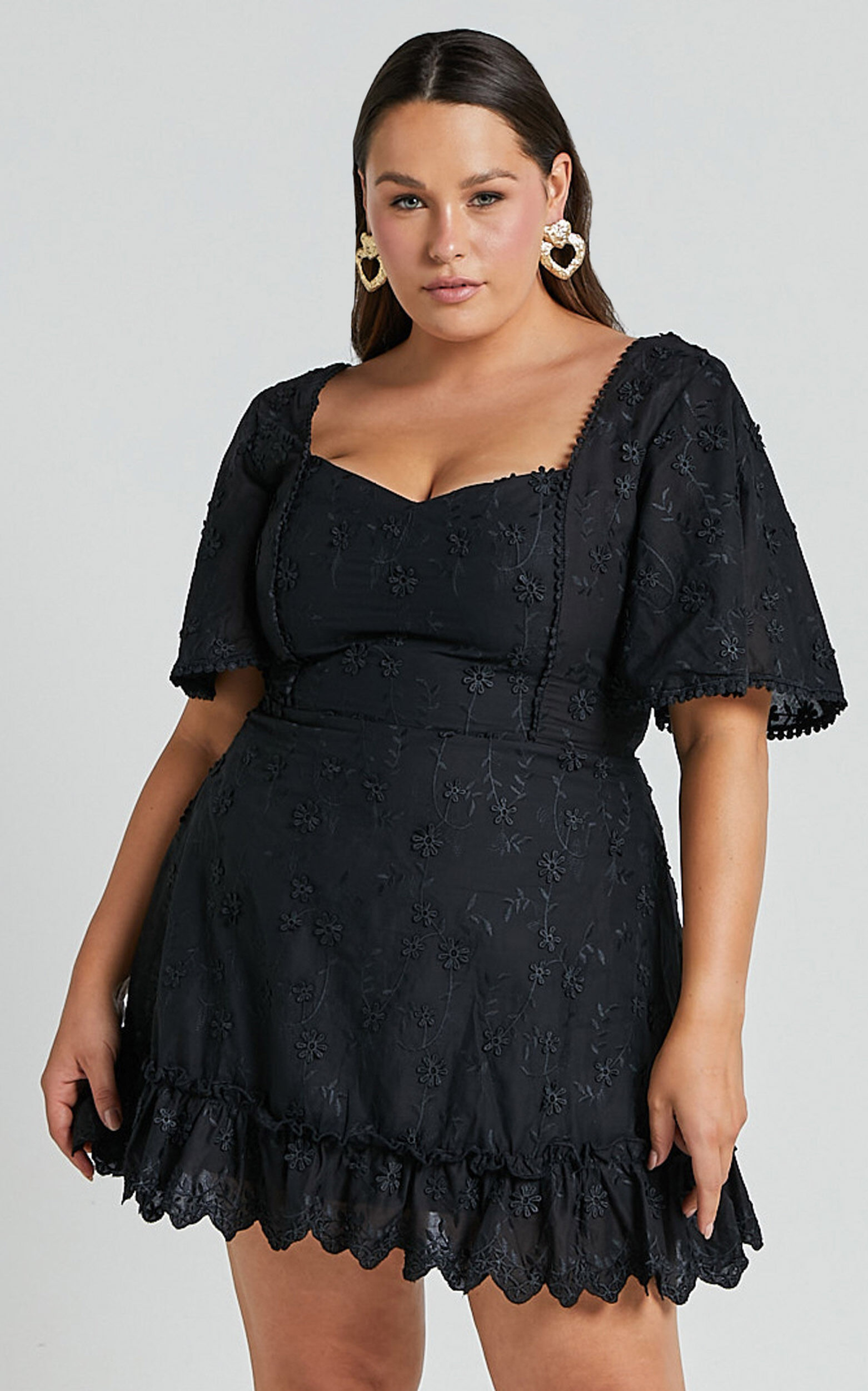 Fancy A Spritz Mini Dress - Square Neck Dress in Black Embroidery