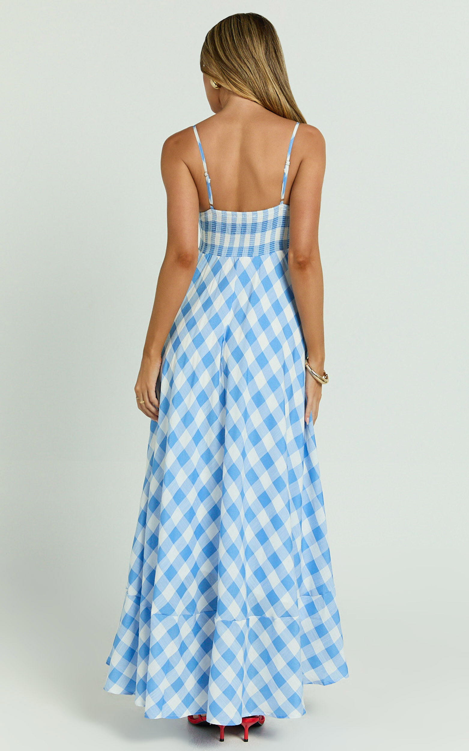 Katrien Maxi Dress - Strappy Empire Waist Flare Dress in Blue Check