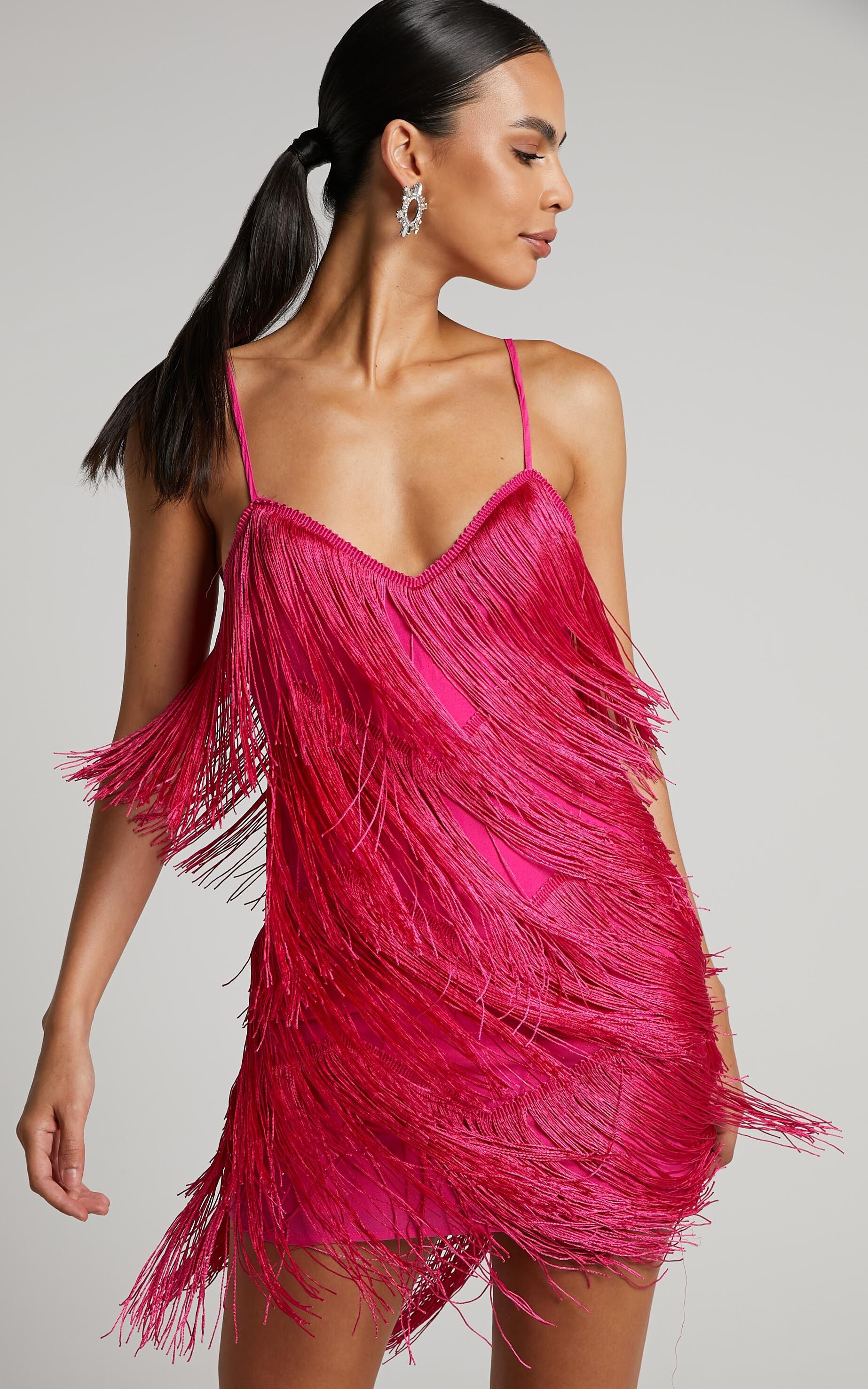 Siofra Mini Dress - Zig Zag Fringe Dress in Hot Pink