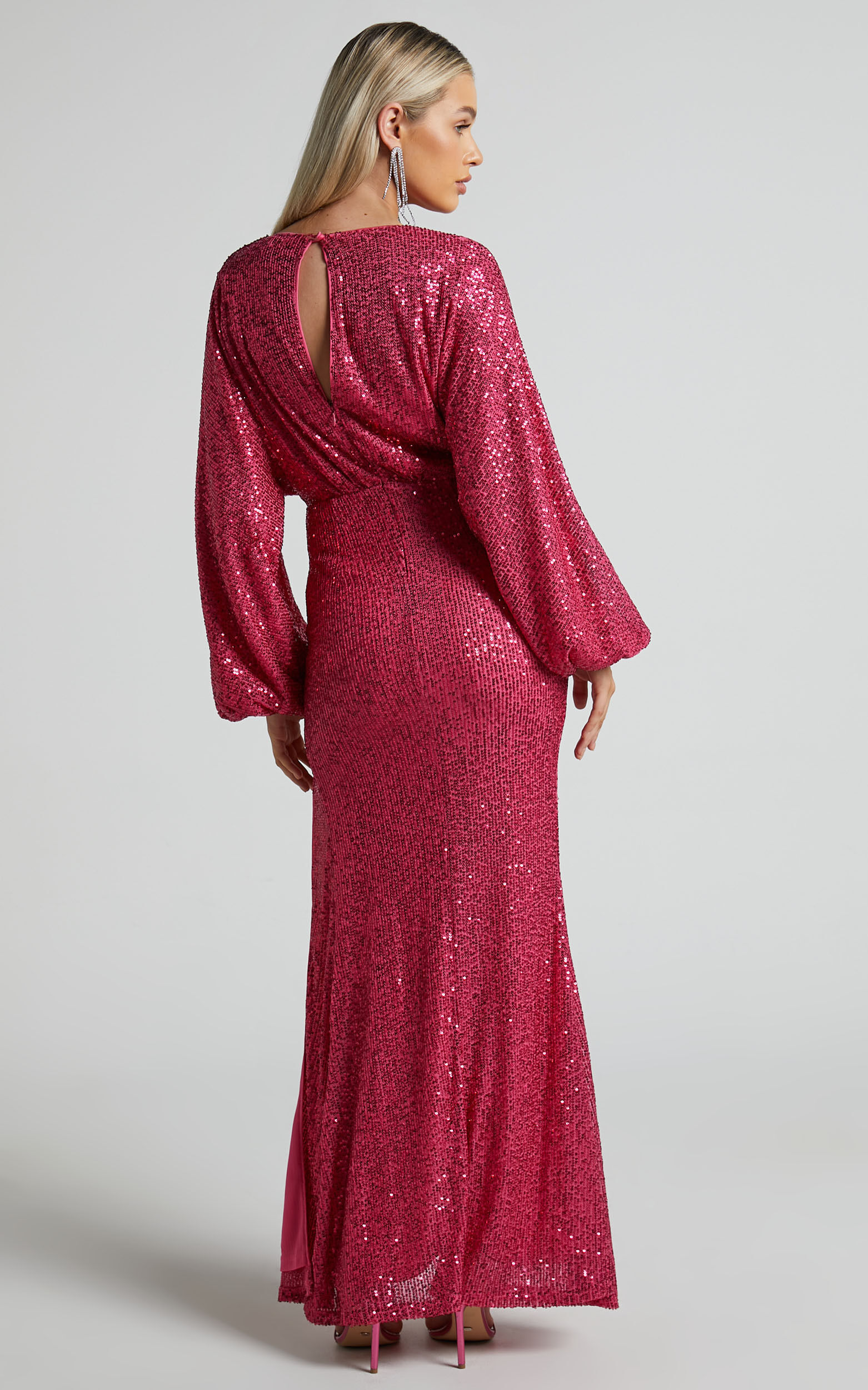 Arlington Midi Dress - Sequin Long Sleeve Dress in Hot Pink
