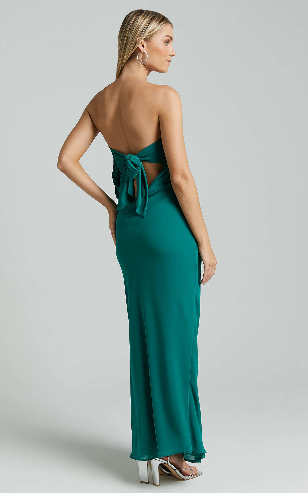 Laurelle Maxi Dress - Strapless Straight Neck Tie Back Cowl Slip in Jade Green