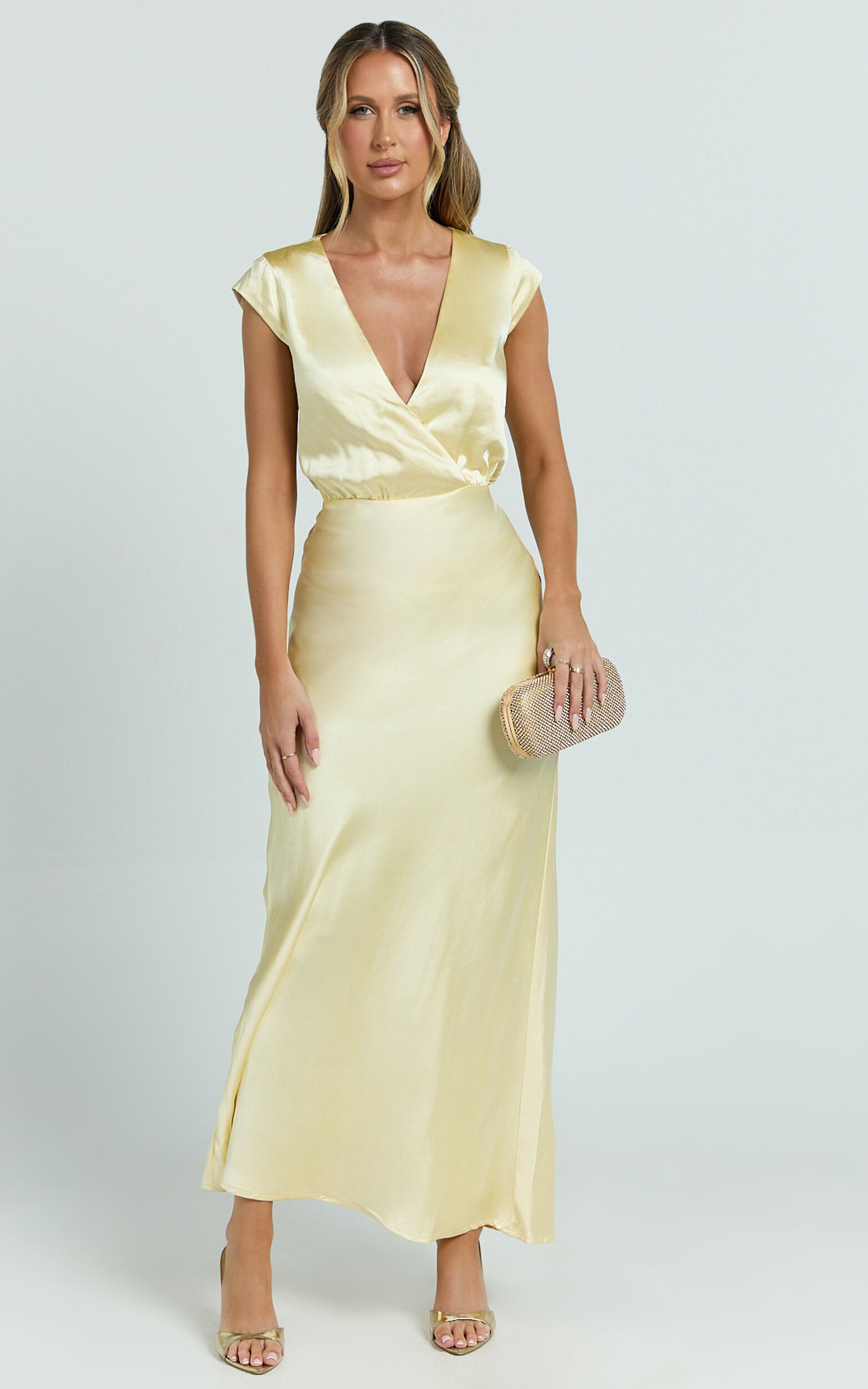 Hailey Maxi Dress - Cap Sleeve V Neck Dress in Lemon