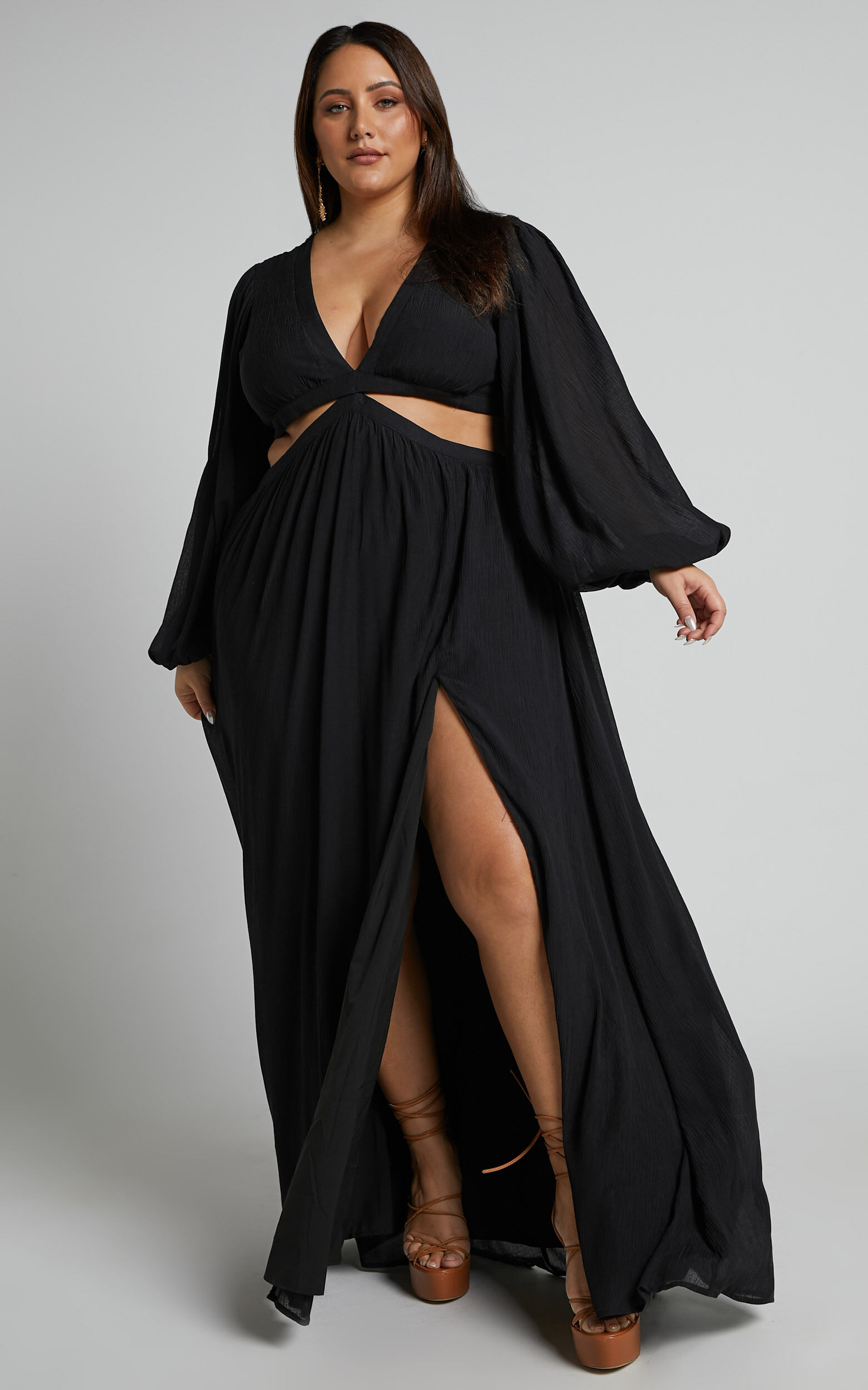 Paige Maxi Dress - Side Cut Out Balloon Sleeve Dress in Black