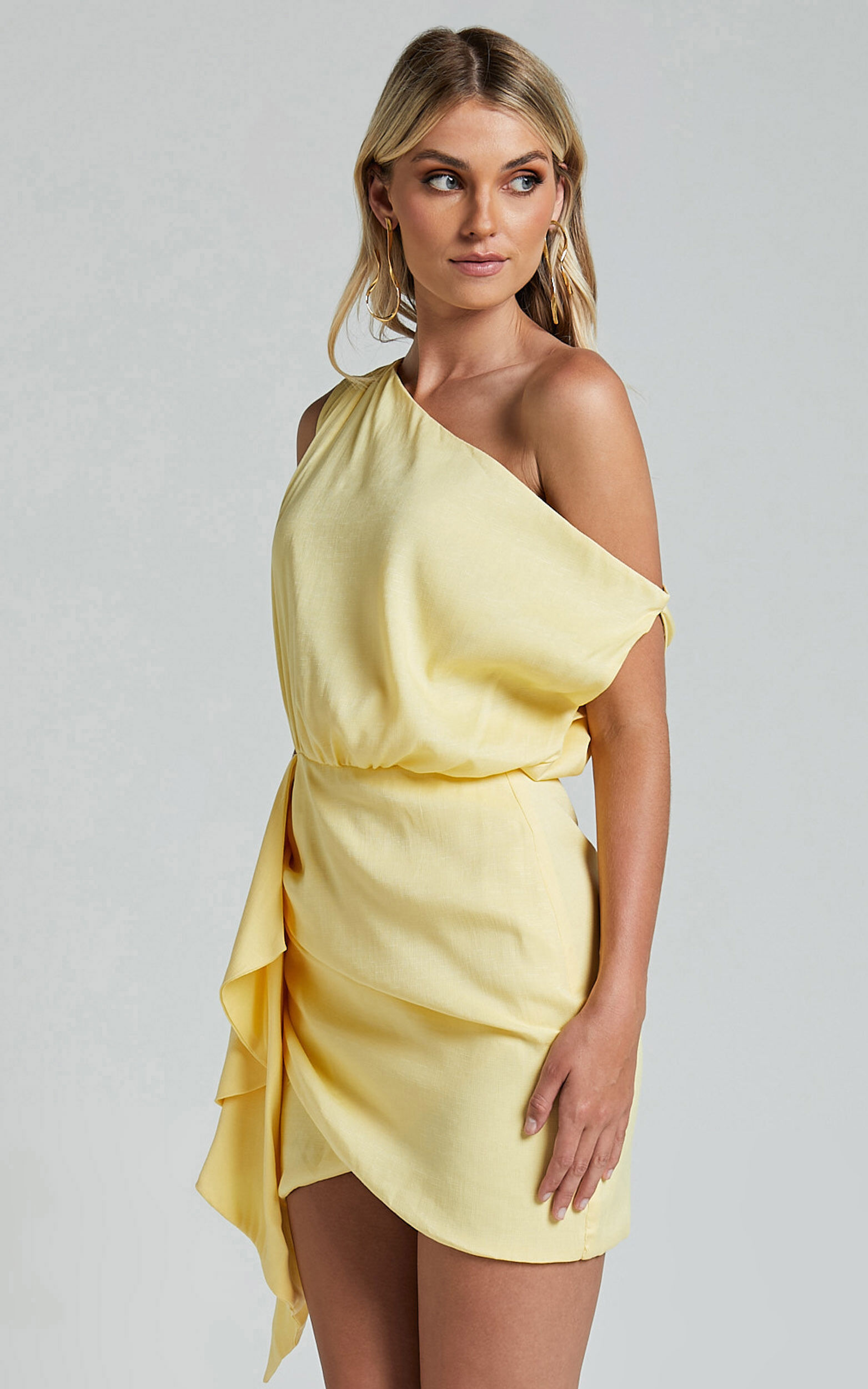 Niana Mini Dress - Drape One Shoulder Dress in Lemon