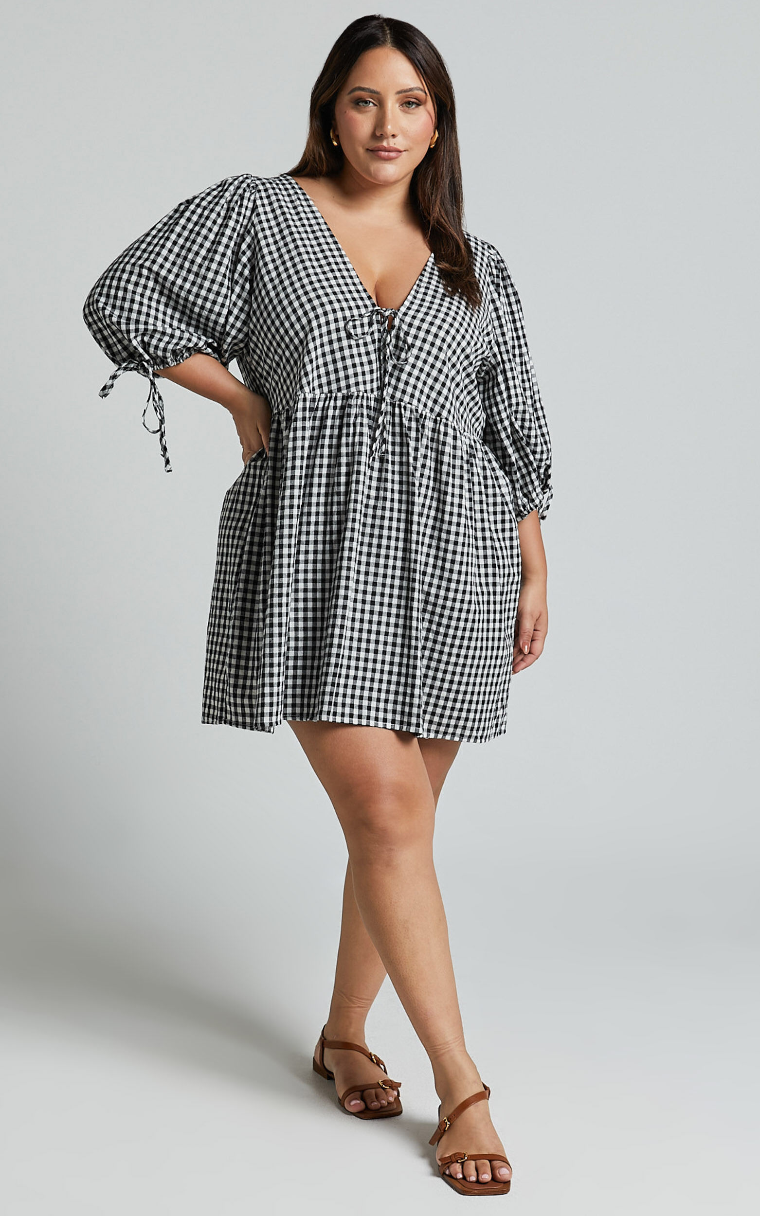 Rosita Mini Dress - Tie Front Puff Sleeve Dress in Black and White Check