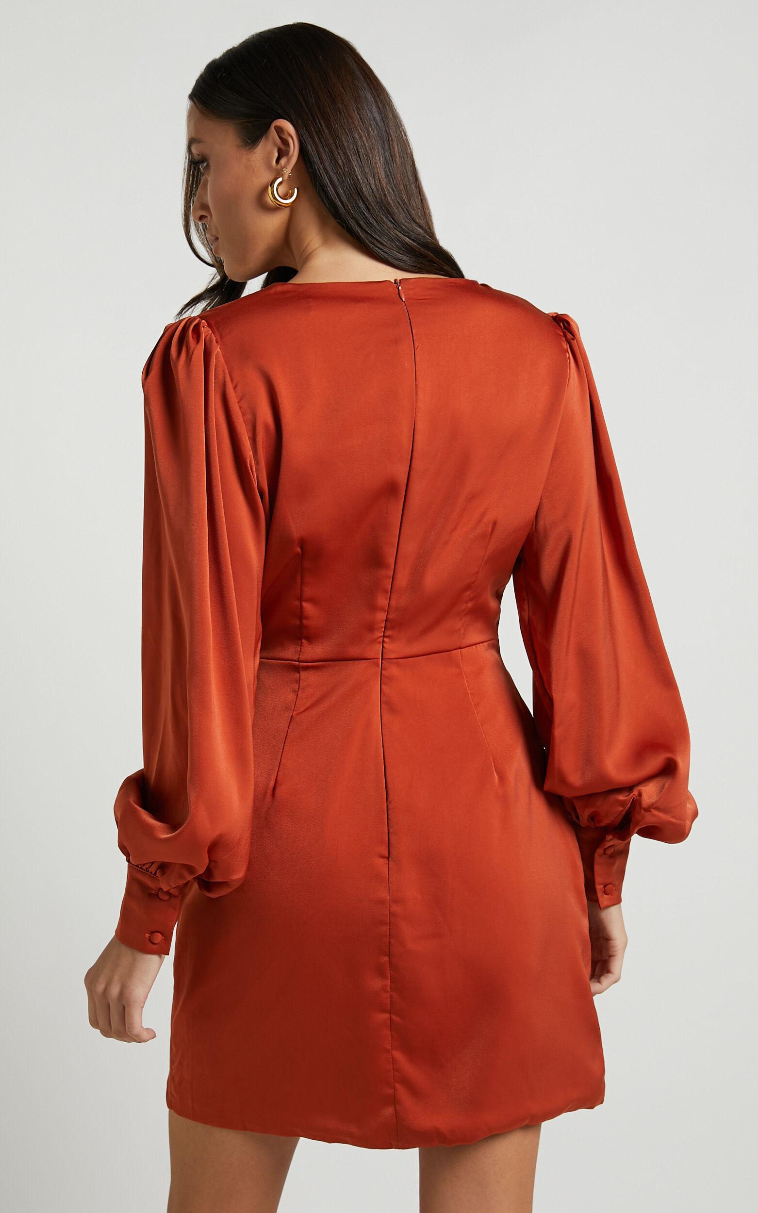 Billie Mini Dress - Twist Front Long Puff Sleeves Dress in Copper