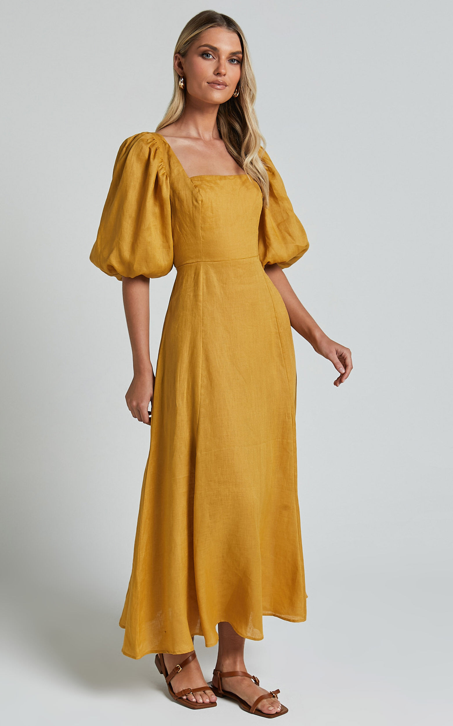 Amalie The Label - Zoya Linen Short Puff Sleeve Backless Maxi Dress in Gold