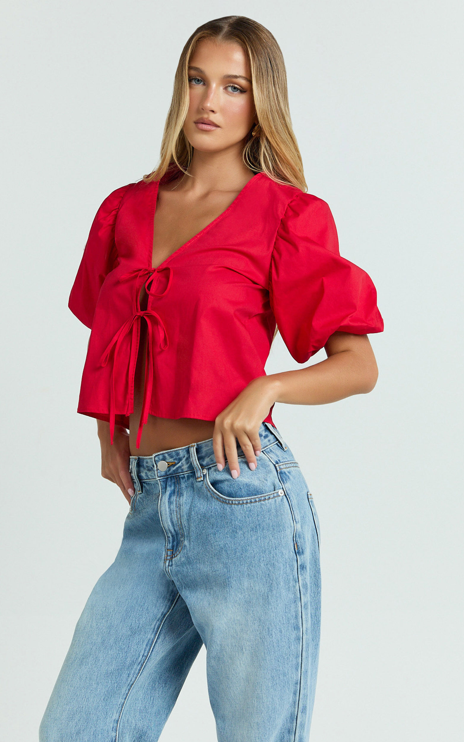 Dana Top - Bow Tie Front Puff Sleeve Blouse in Red
