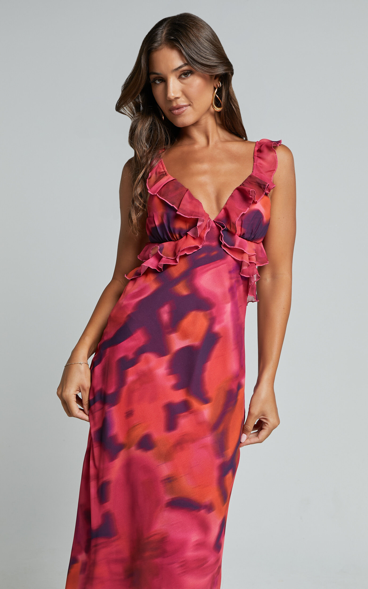 Alessa Maxi Dress - V Neck Frill Detail Empire Waist Back Cut Out Dress in Adeana Print