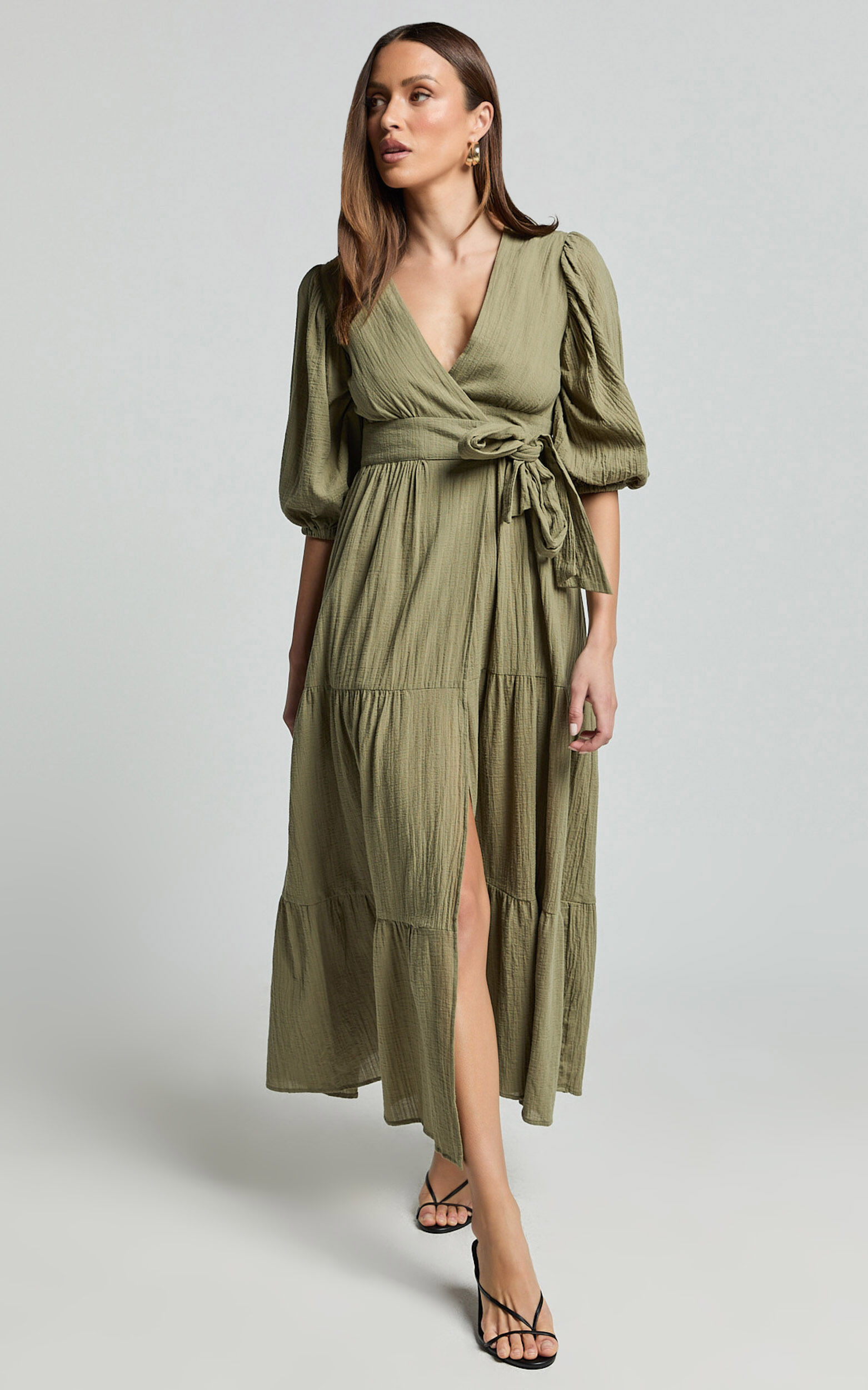 Penelope Wrap Front Puff Sleeve Midi Dress in Olive