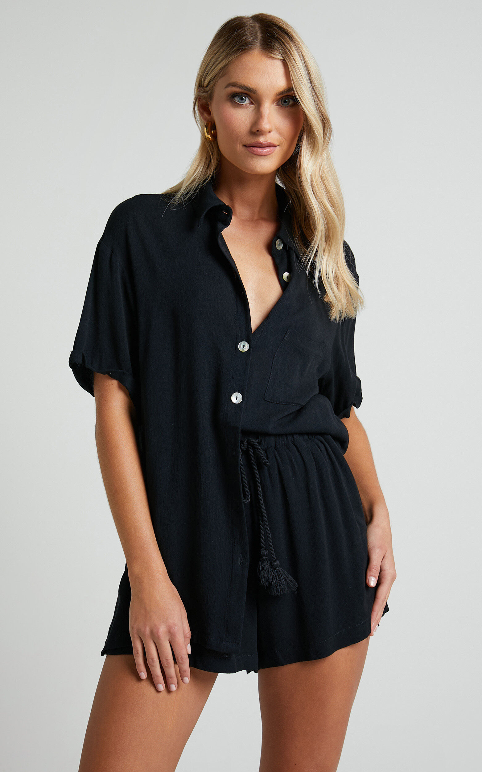Jubilee Two Piece Set - Button Up Shirt and Shorts Set in Black
