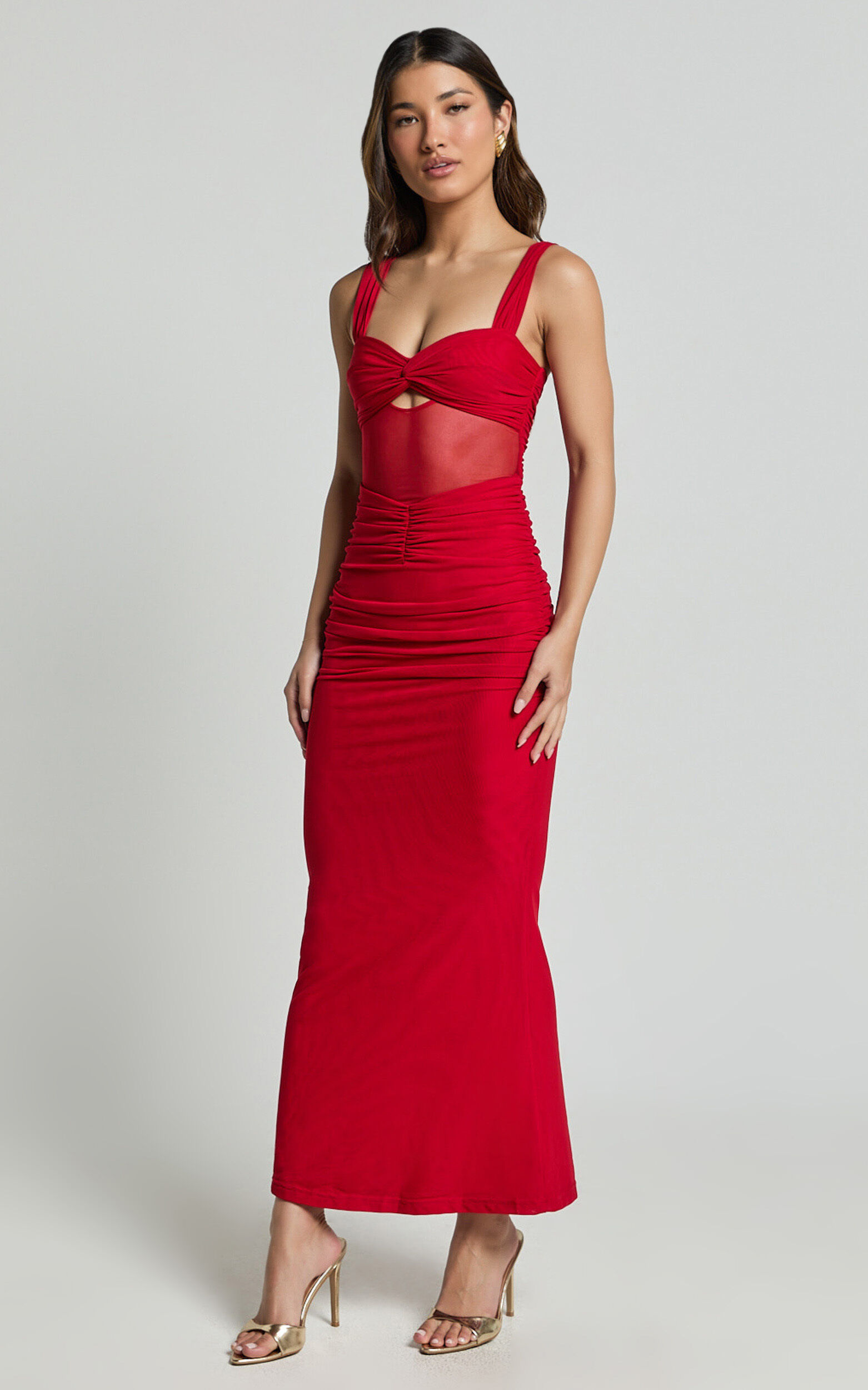 Adalee Midi Dress- Sheer Panel Ruched Bust Dress in Red
