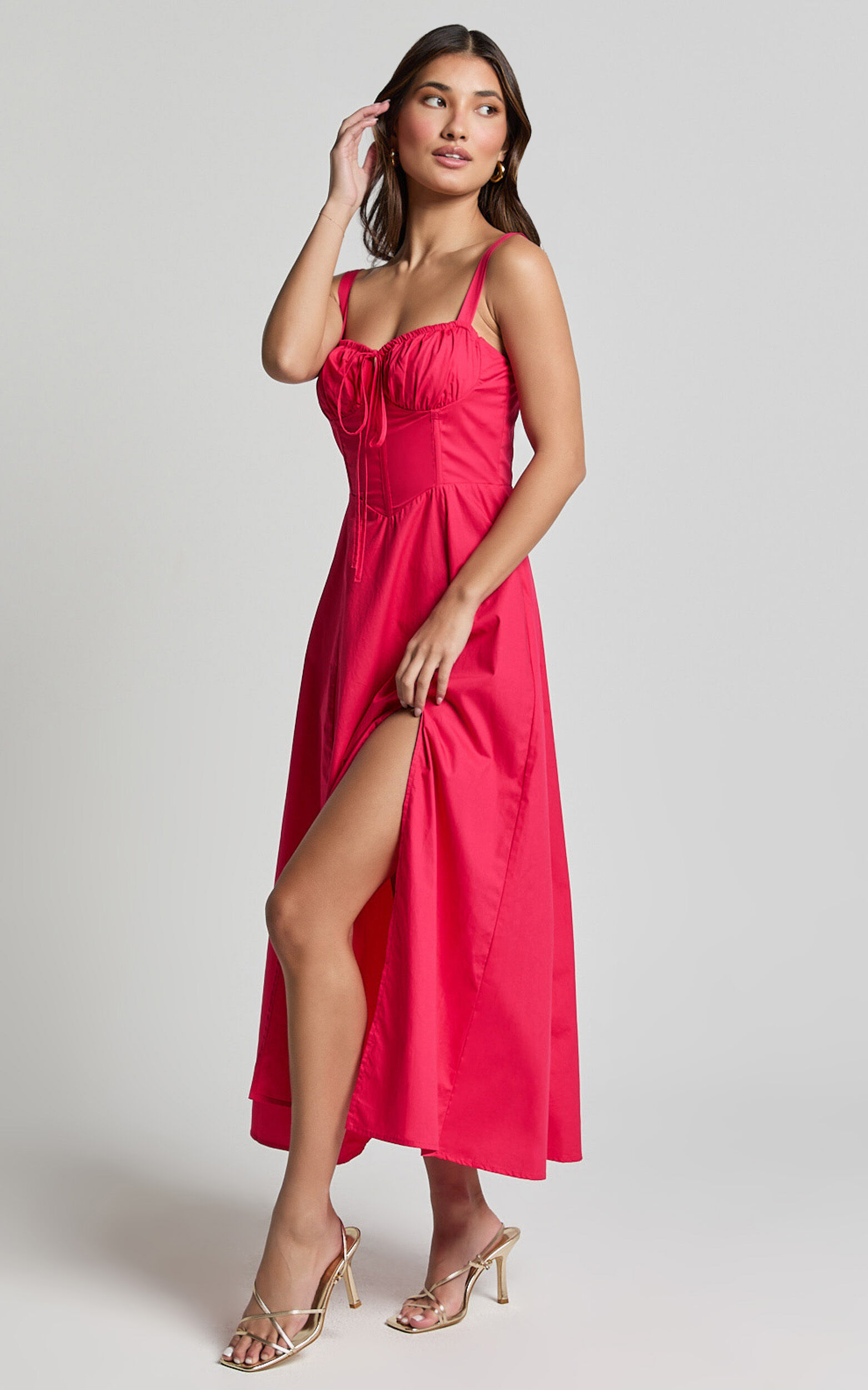 Maiya Midi Dress - Tie Front Fitted Bodice Dress in Hot Pink