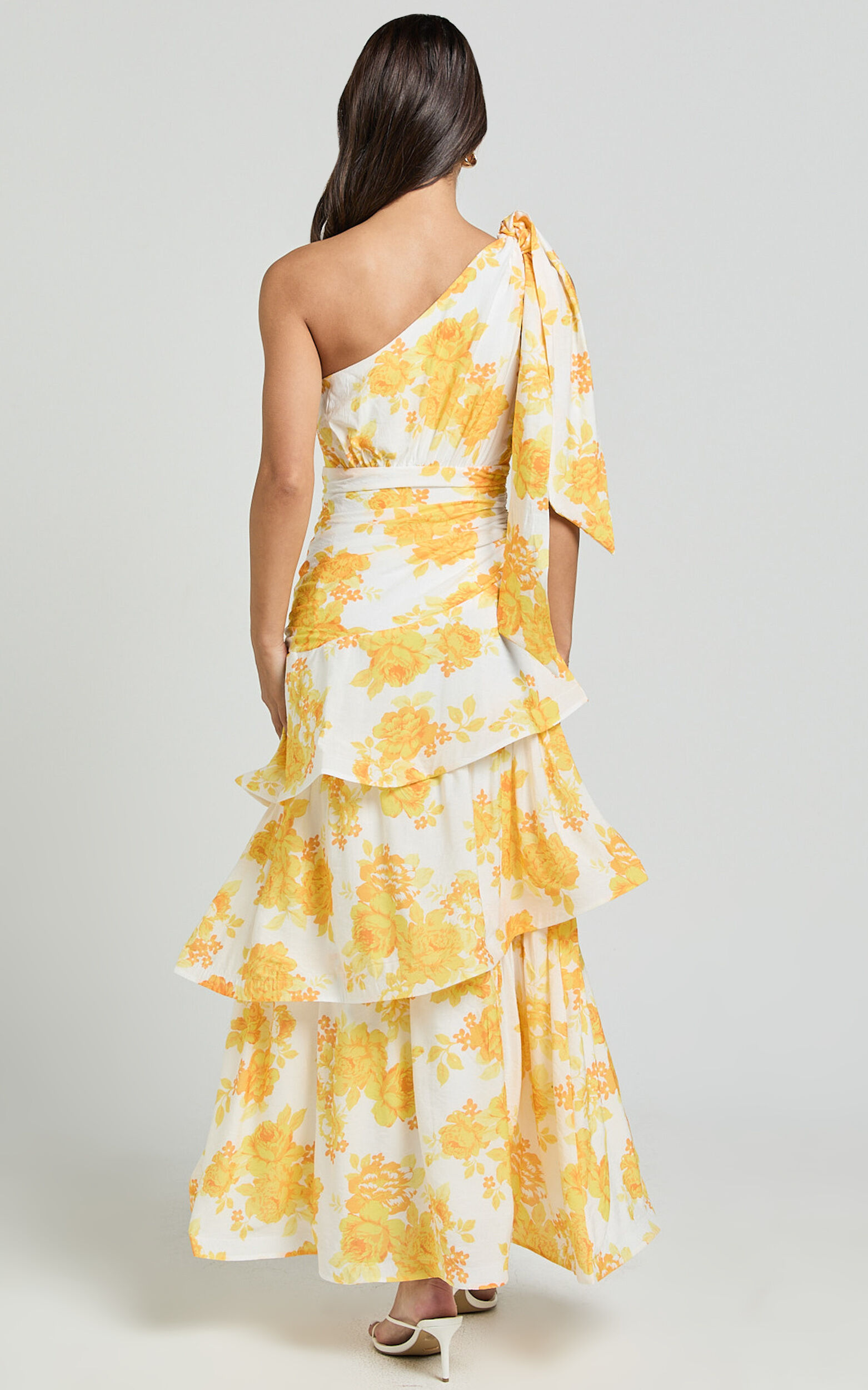 Krissy Midi Dress - Asymmetrical Tie Shoulder Layered Dress in Yellow Floral