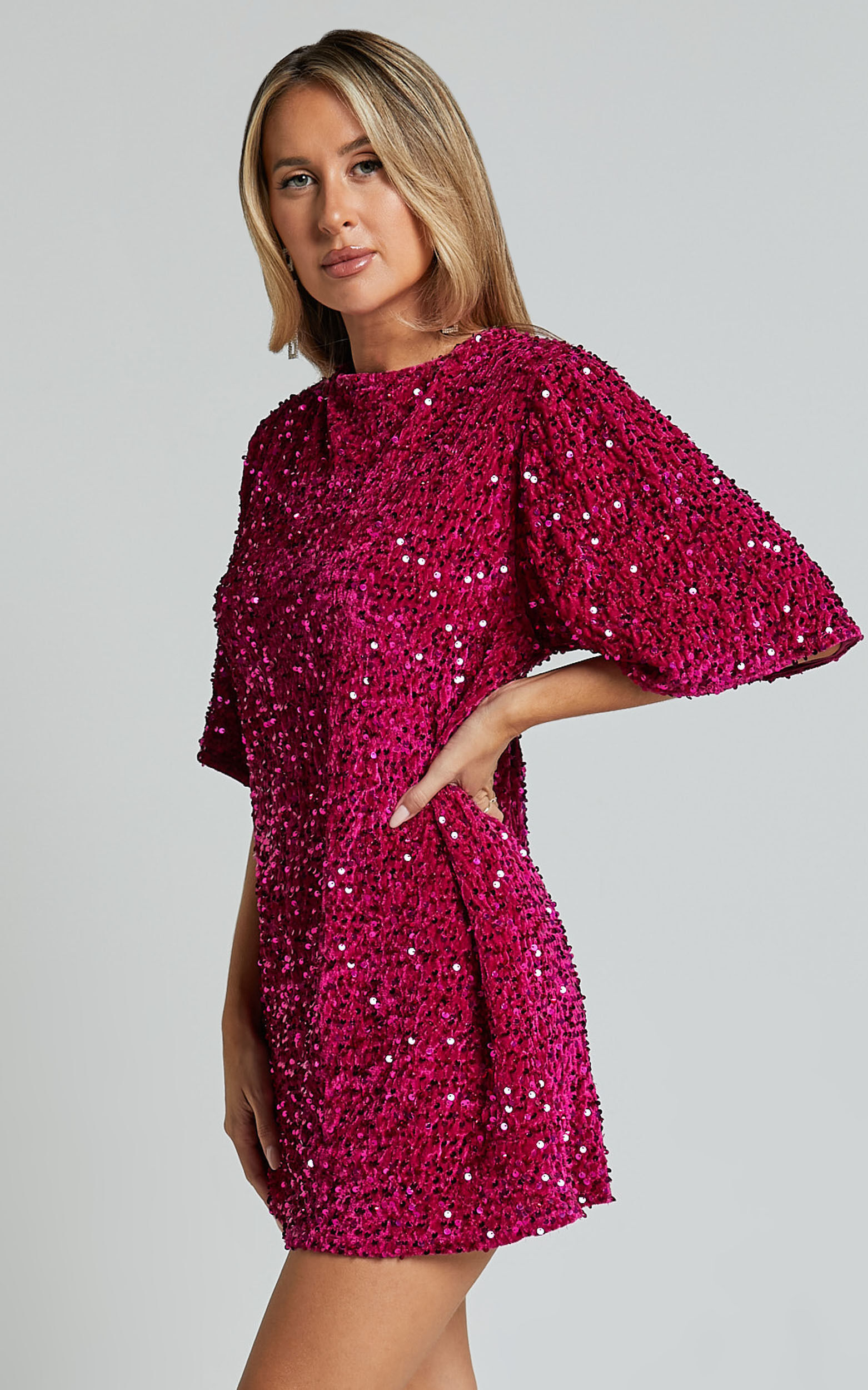 Valetta Mini Dress - Sequin low back shift dress in Hot Pink