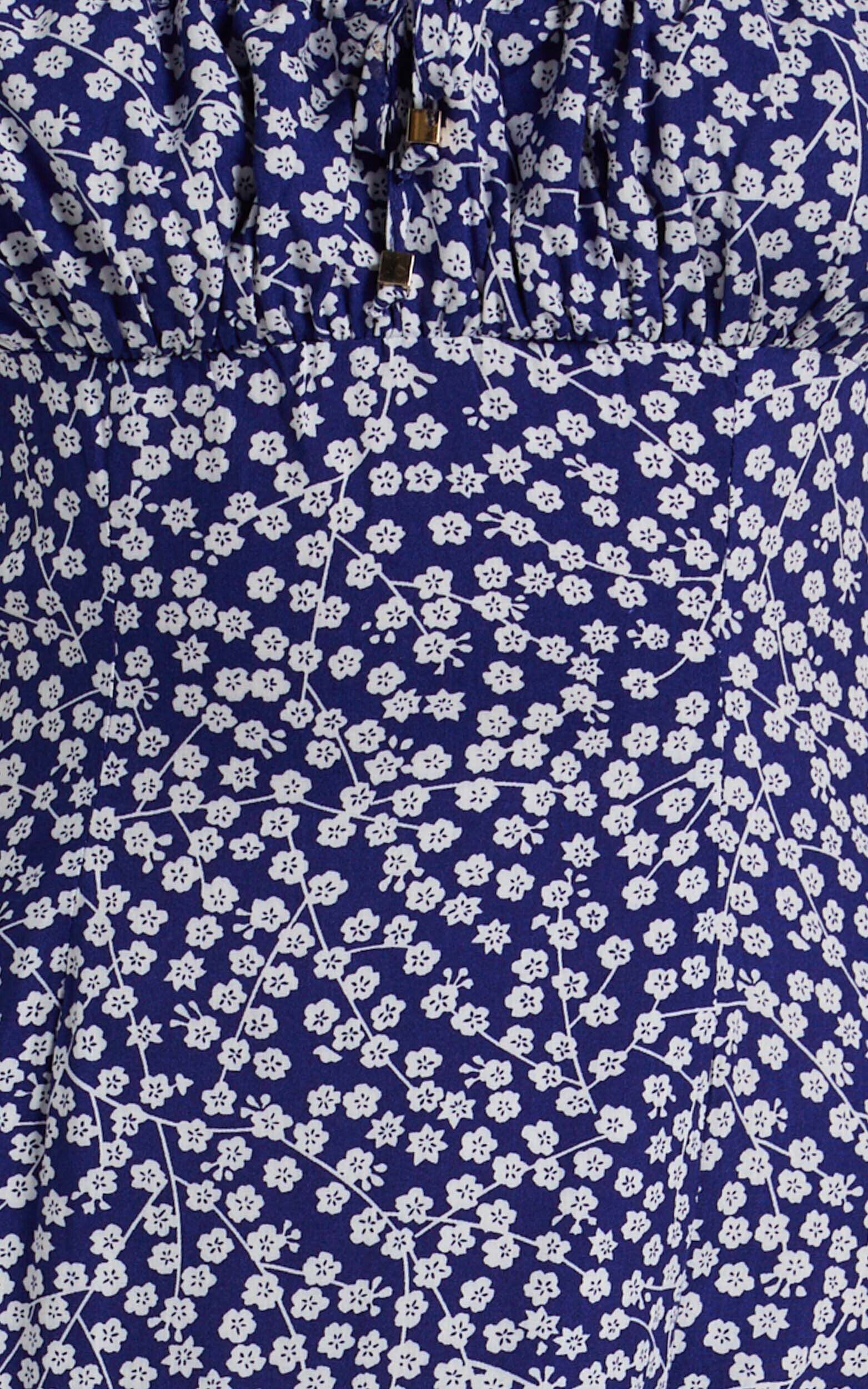 Willa Midi Dress - Ruched Bust Thigh Split Dress in Blue Floral