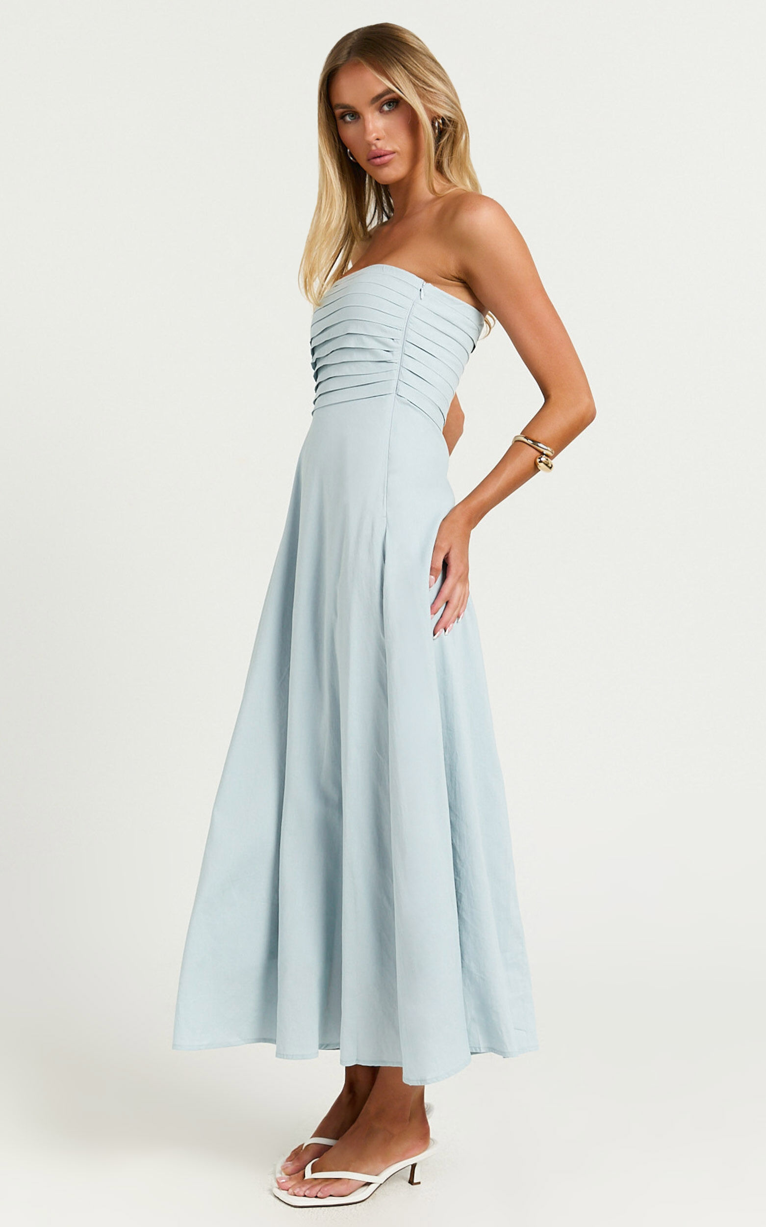 Barbra Midi Dress - Strapless Ruched Bodice Dress in Blue