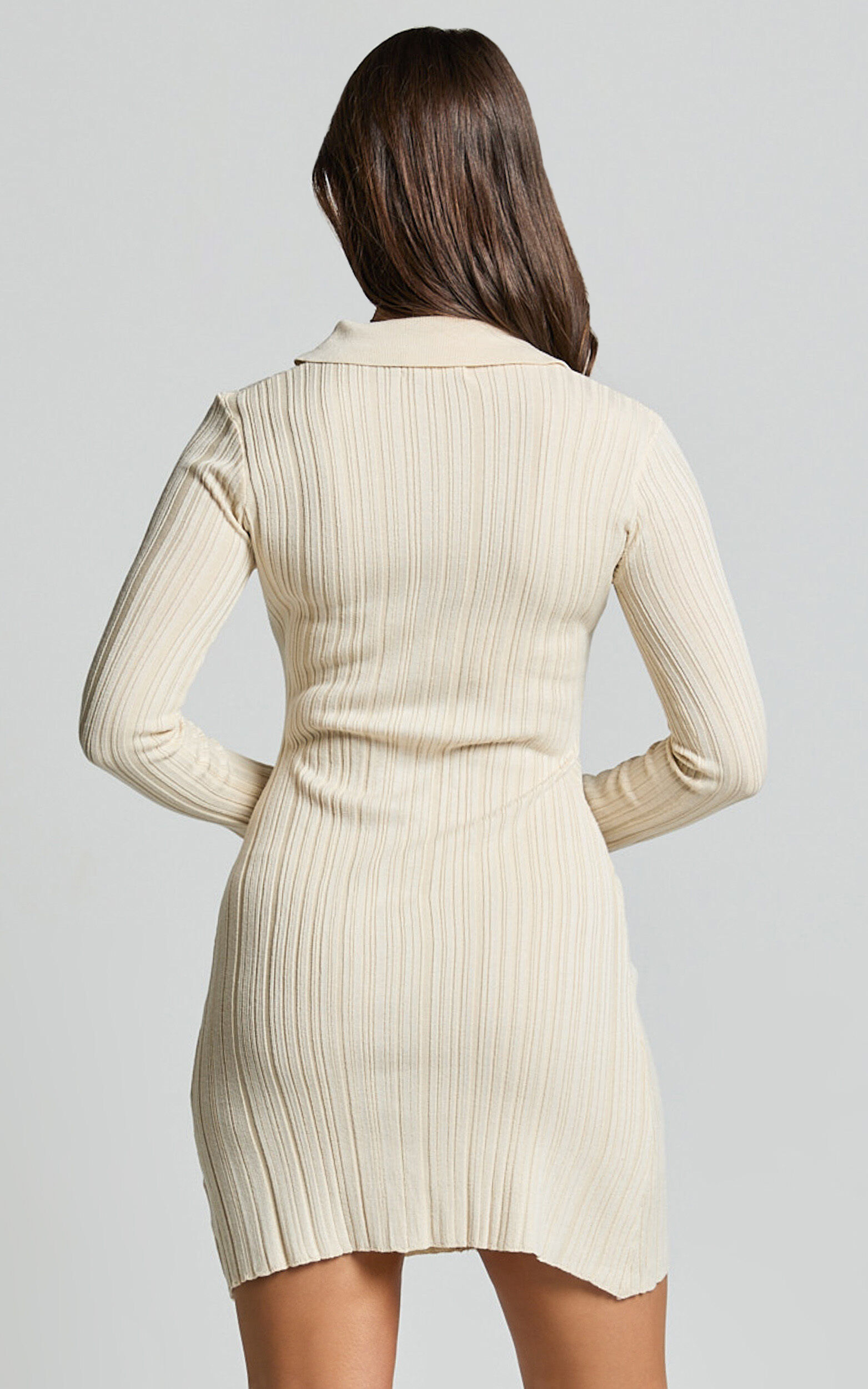 Kelsey Mini Dress - Button Through Long Sleeve Knit Dress in Cream