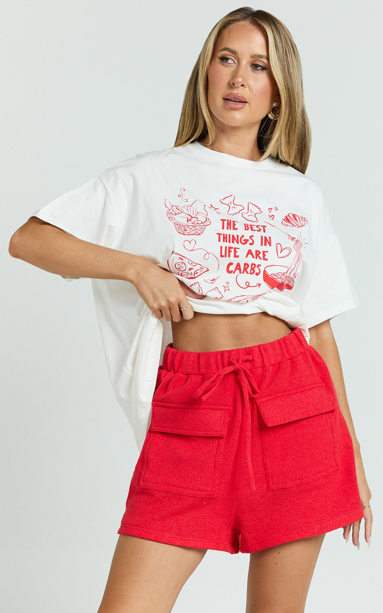 Rheyna Top - Oversized The Best Things in Life Are Carbs Print T-Shirt in White