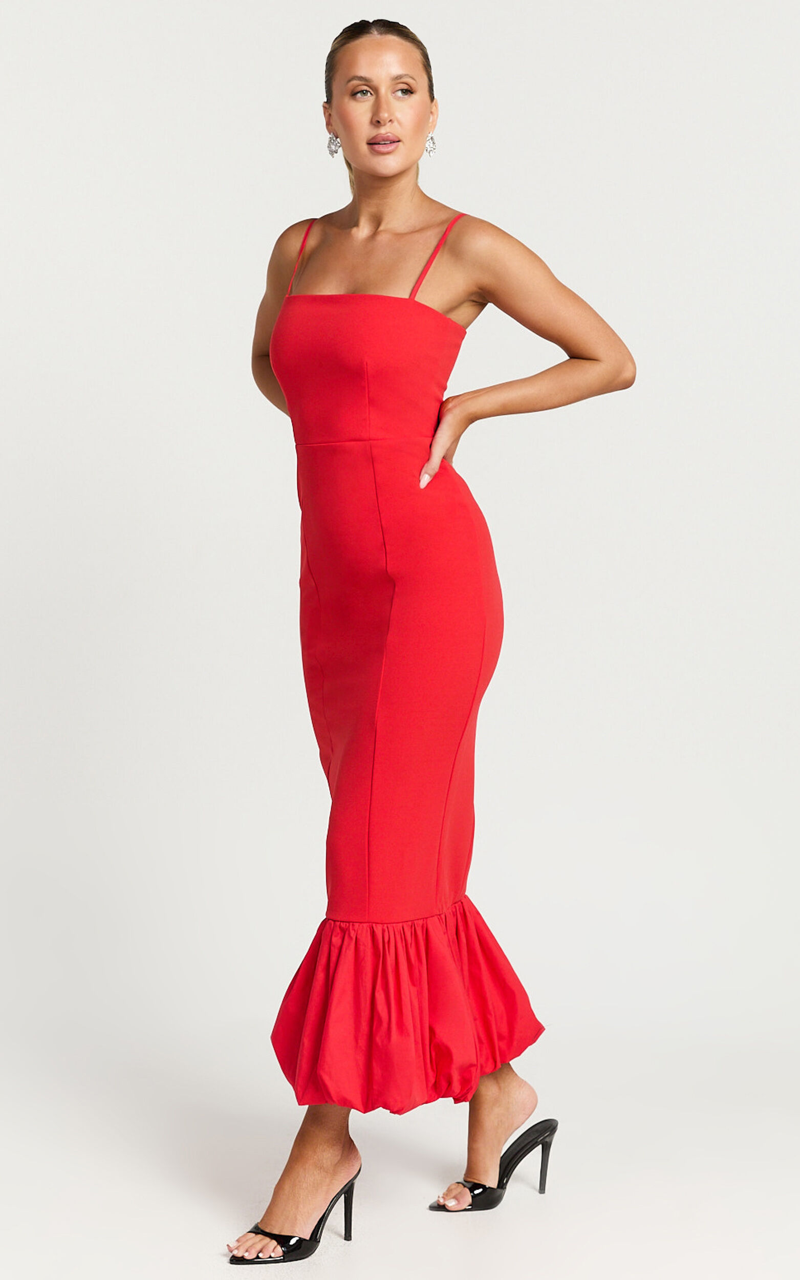 Yvonne Midi Dress - Straight Neck Fit and Flare Dress in Red