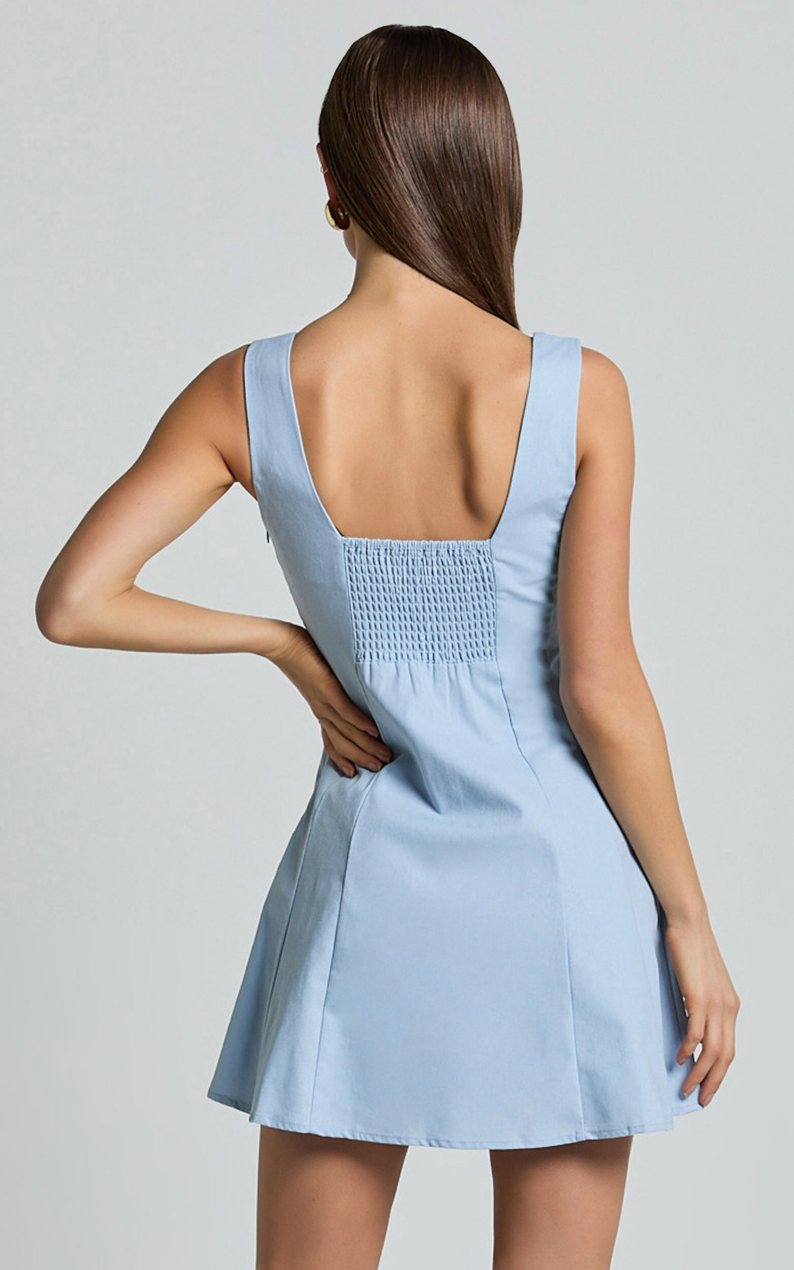 Adiana Mini Dress - Linen Square Neck Shirred Back A Line Dress in Pale Blue