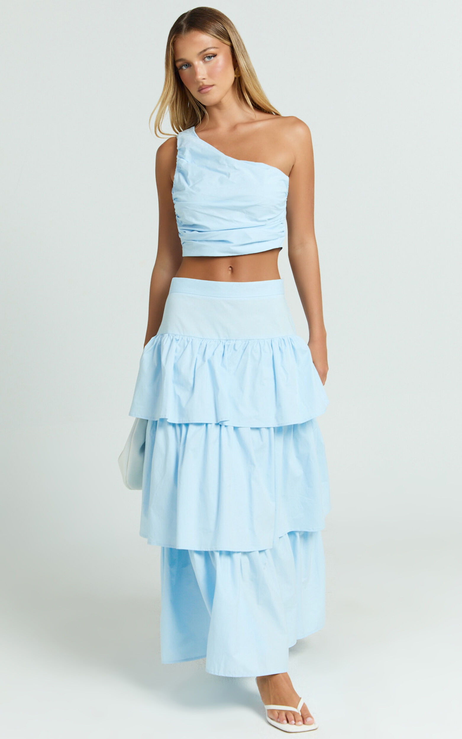 Kaycie Two Piece Set - One Shoulder Asymmetrical Ruched Top and Tiered Midi Skirt Set in Pale Blue