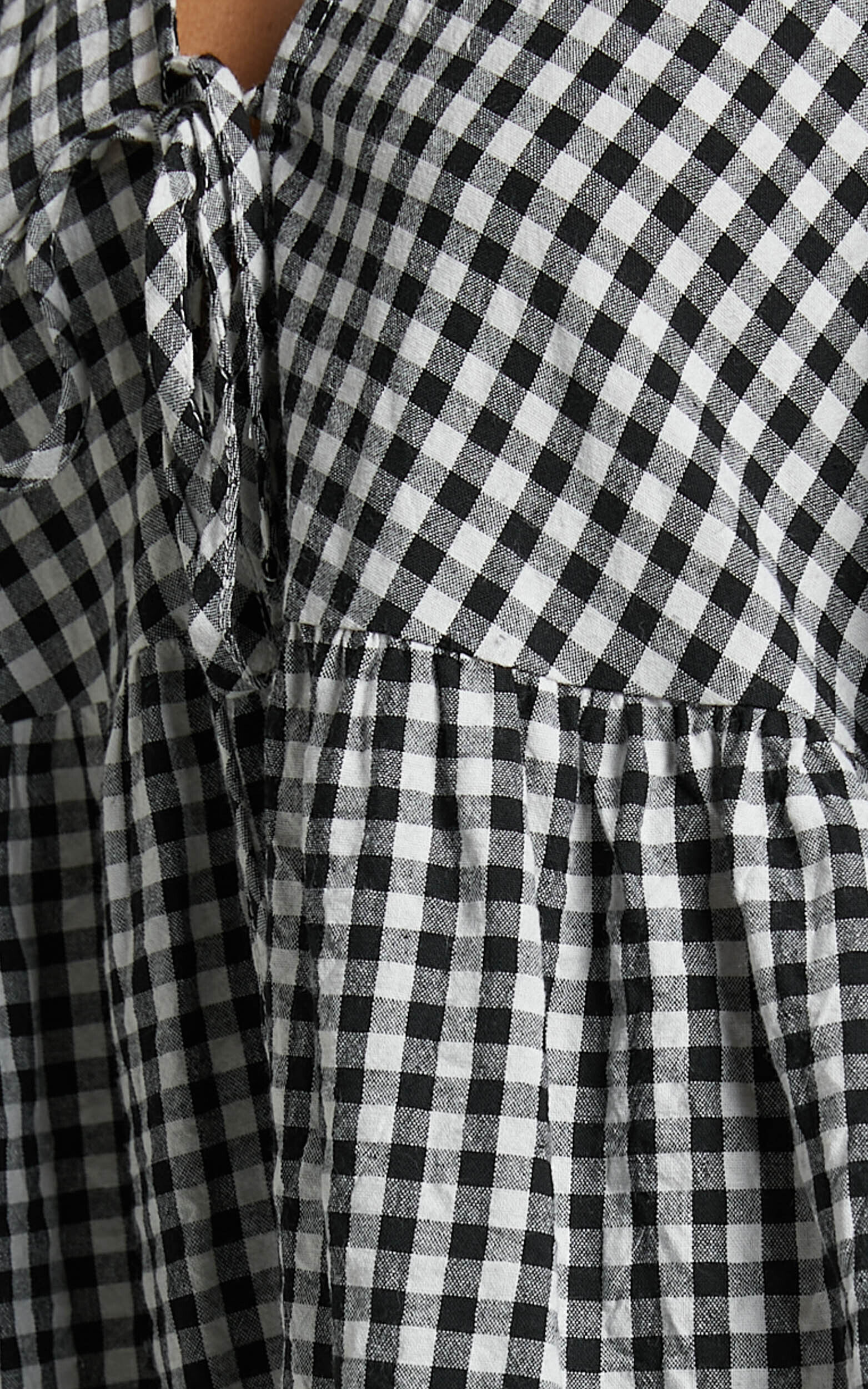 Rosita Mini Dress - Tie Front Puff Sleeve Dress in Black and White Check