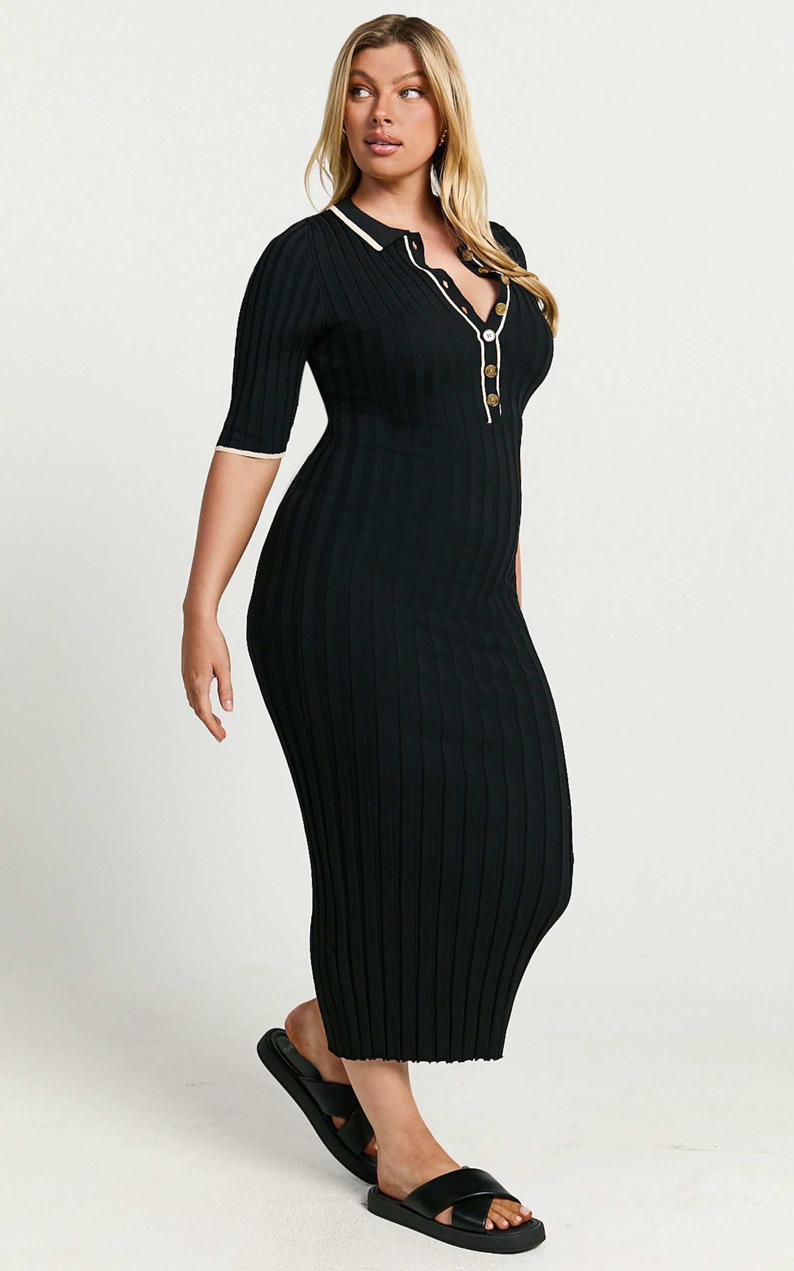 Lada Midi Dress - Short Sleeve Button Front Knit Dress in Black